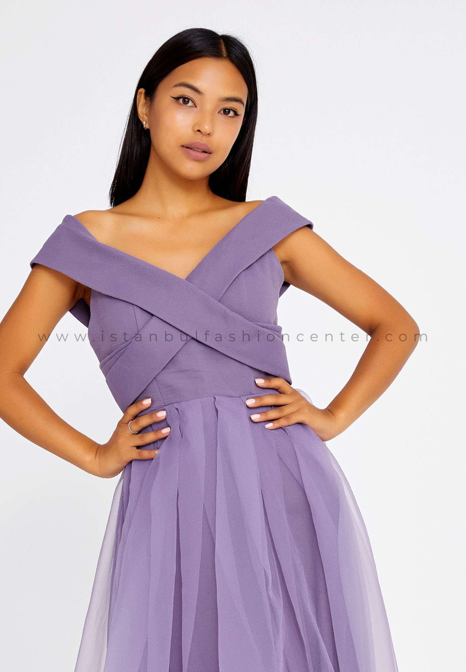 ERŞE BREEZE Off Shoulder Midi Tulle A - Line Regular Purple Prom