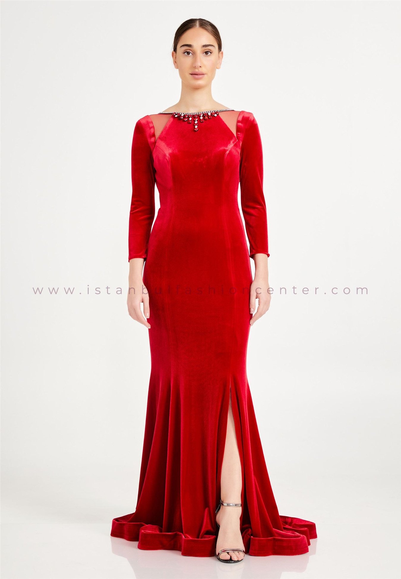 HALLMARK Ordinaire Manche longue Maxi Velours Sirène Rouge Femmes en gros  Robe de Soirée FRC0127kir | Istanbul Fashion Center