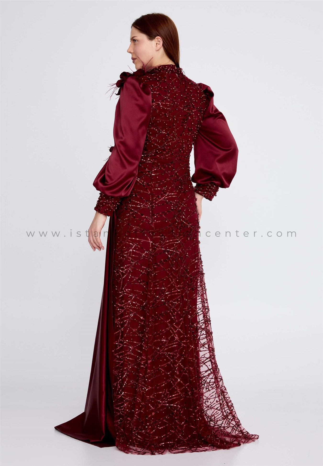 GİZEM KIŞ Long Sleeve Maxi Satin Column Plus Size Burgundy Wedding