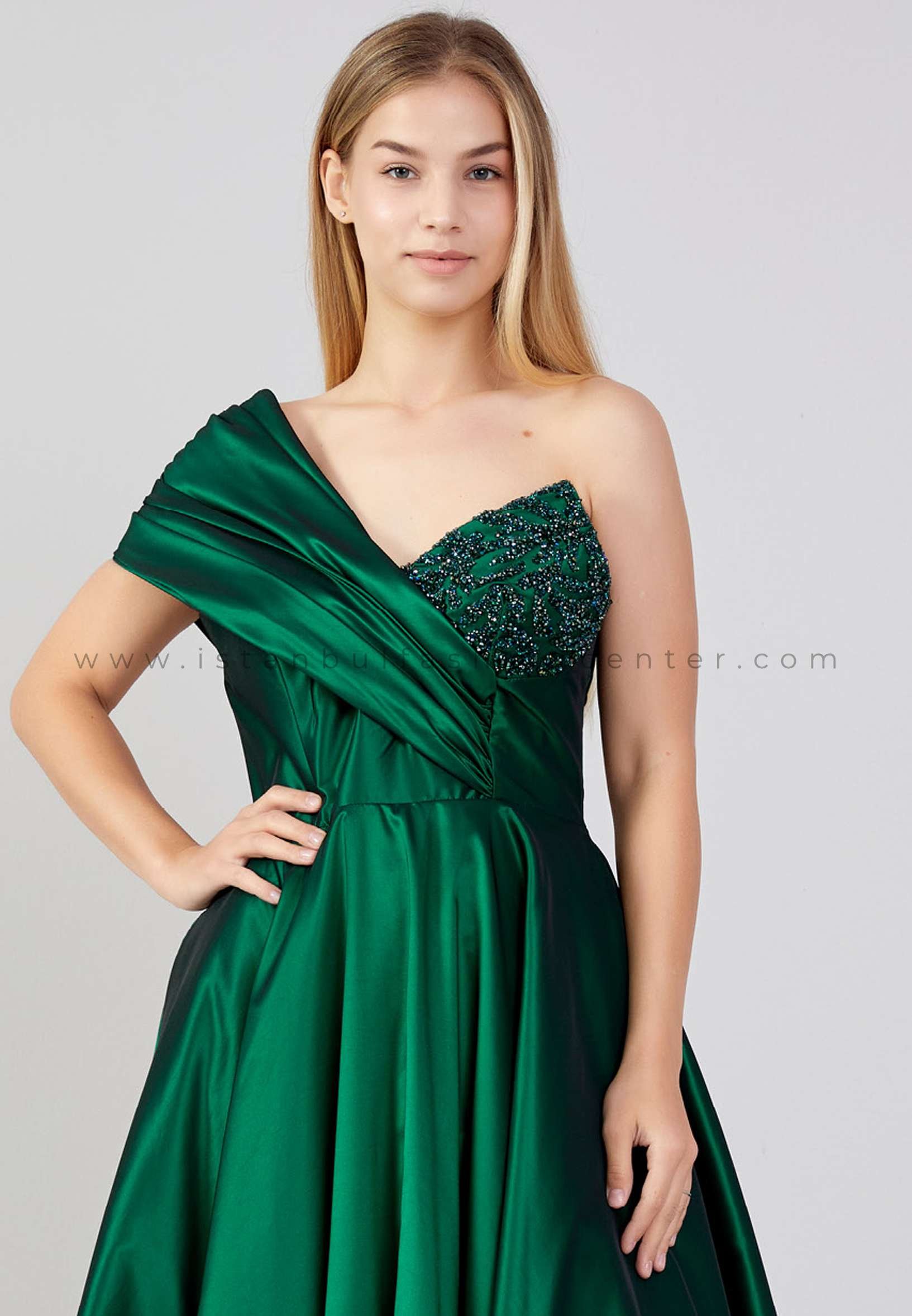 NSET One Shoulder Maxi Chiffon Gown Plus Size Green Prom Dress