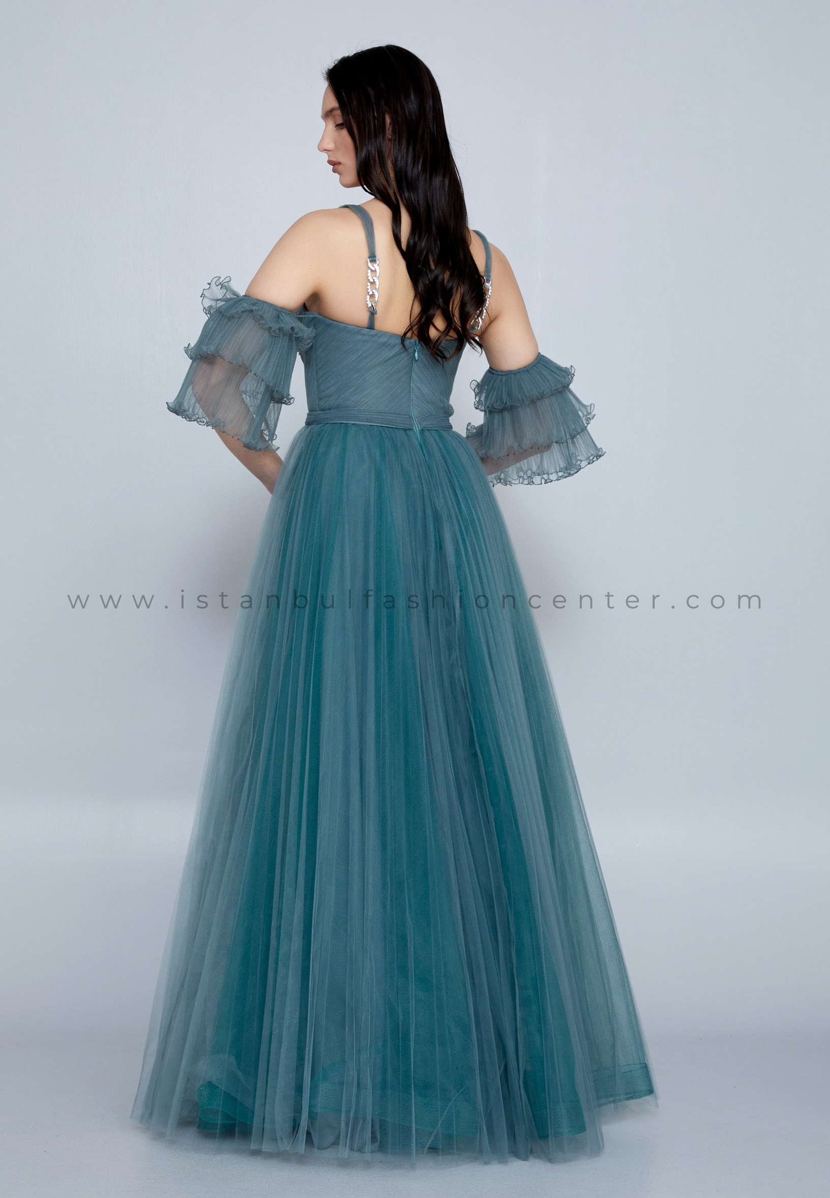 IVORY Off Shoulder Maxi Tulle A Line Regular Green Prom Dress