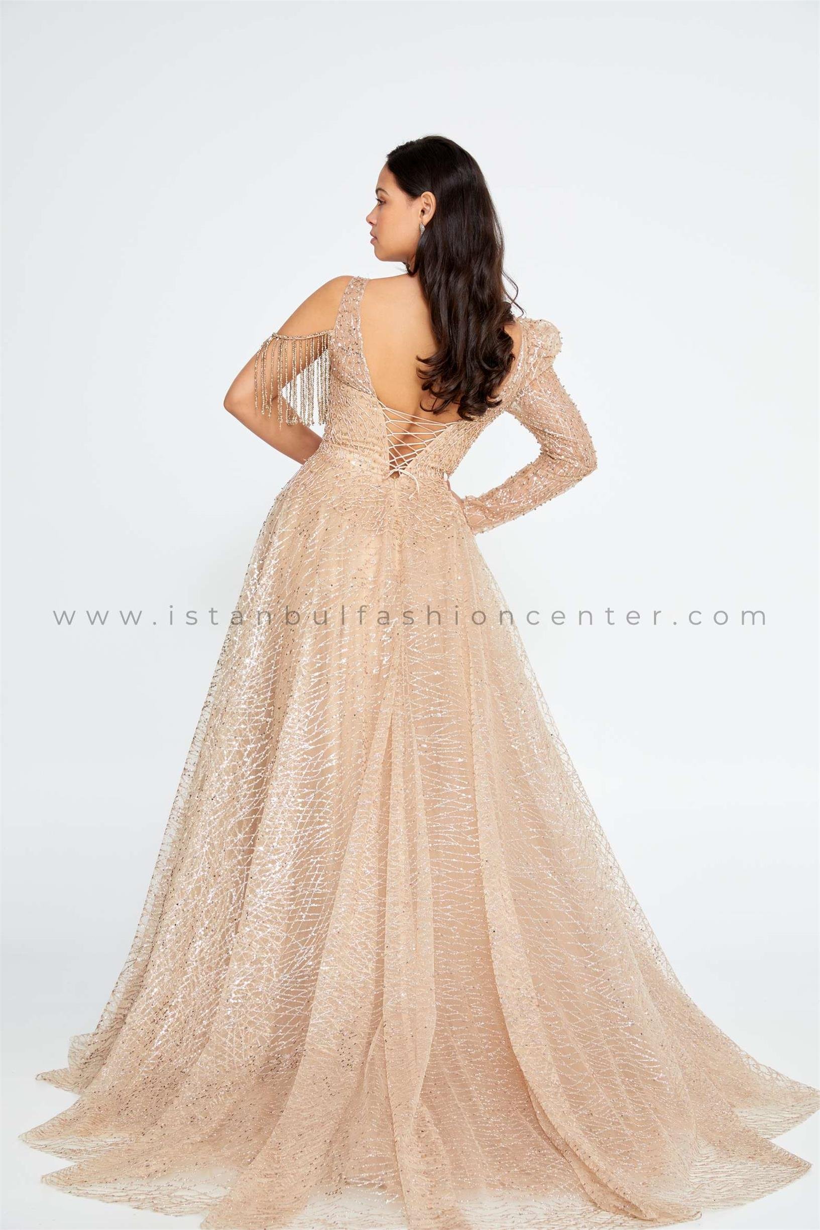 Flowy Gold Tulle Long Prom Dress with Bubble Sleeves - $140.688 #P74168 