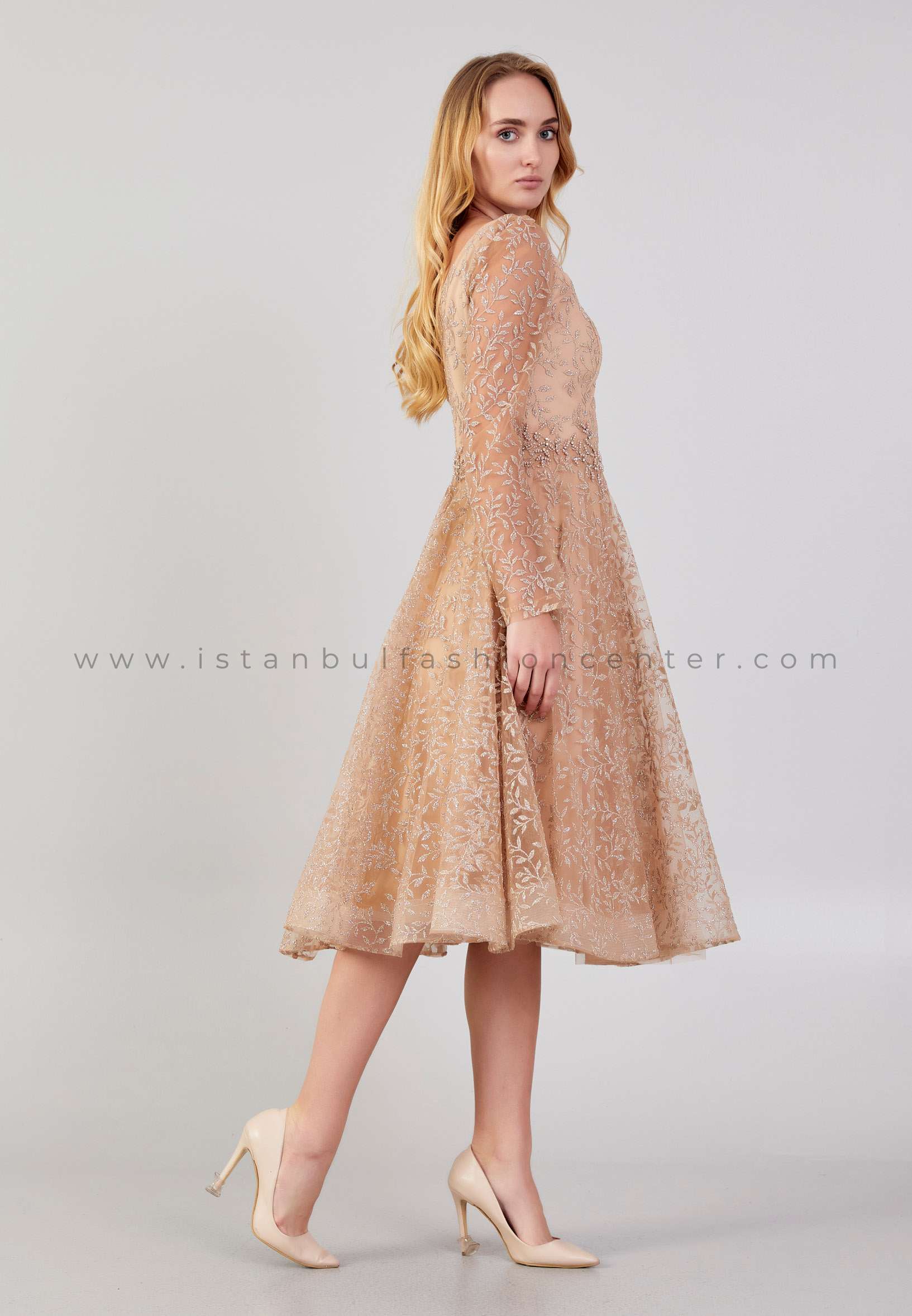 Long Sleeve Midi Tulle A Line Regular Gold Prom Dress Lns3746bak