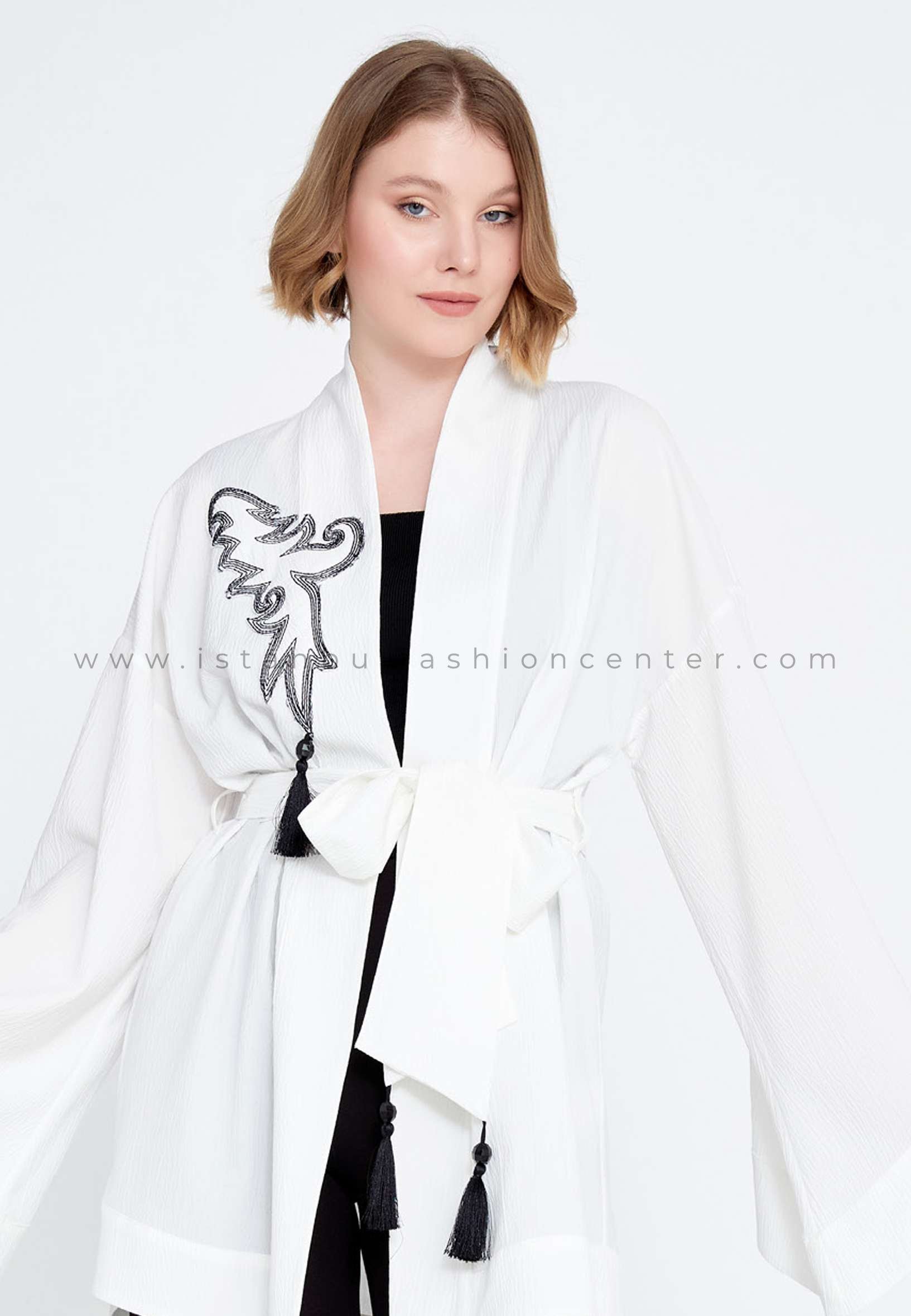 MİMYA Long Sleeve Linen Patterned Regular White Kimono Mım23y6726byz