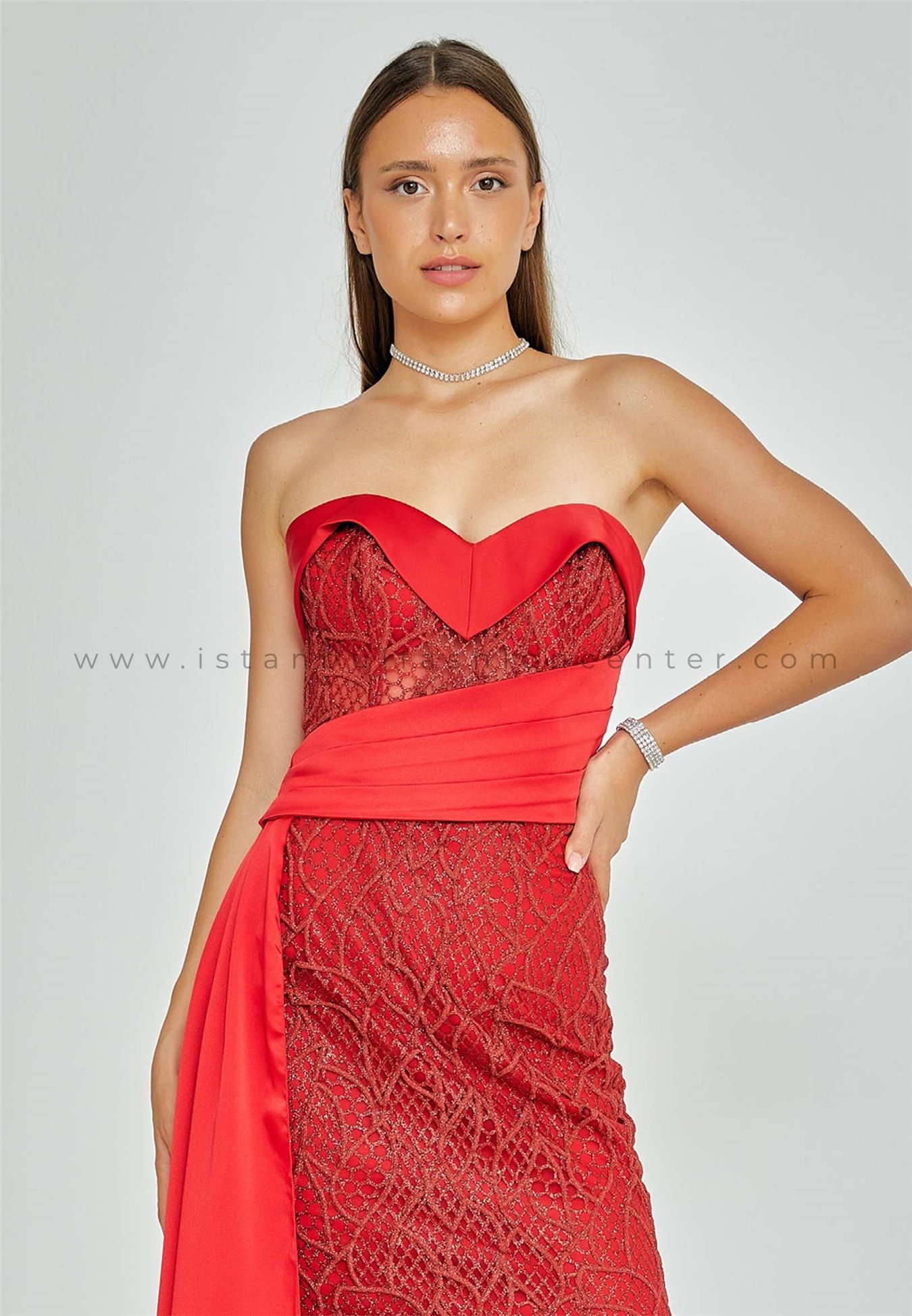 NİOBE Strapless Maxi Satin Column Regular Red Wedding Guest Dress Asm4102kir