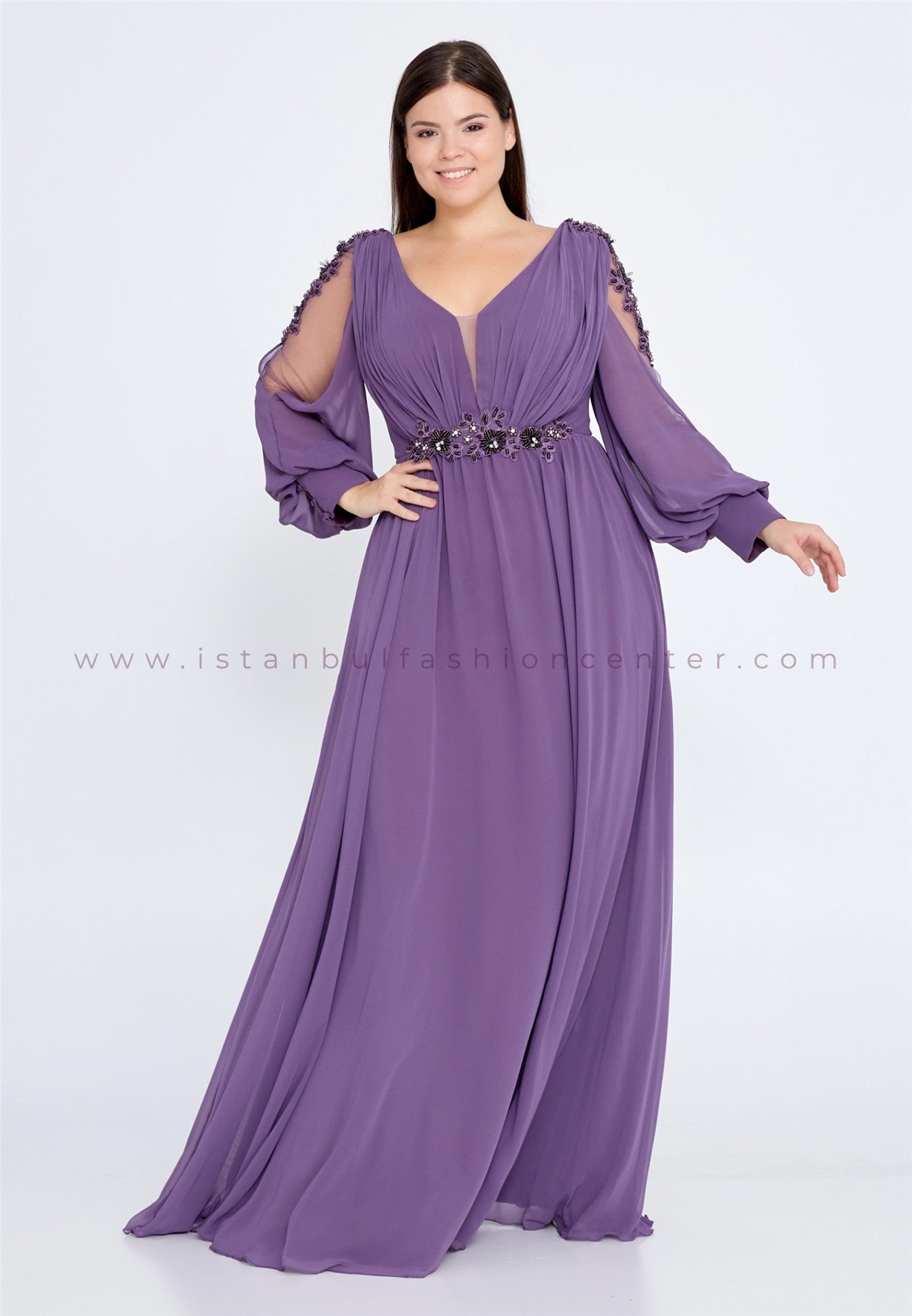 RAMONNA LIFE Long Sleeve Maxi Chiffon Column Plus Size Purple Wedding Guest  Dress Rmn3118-blav