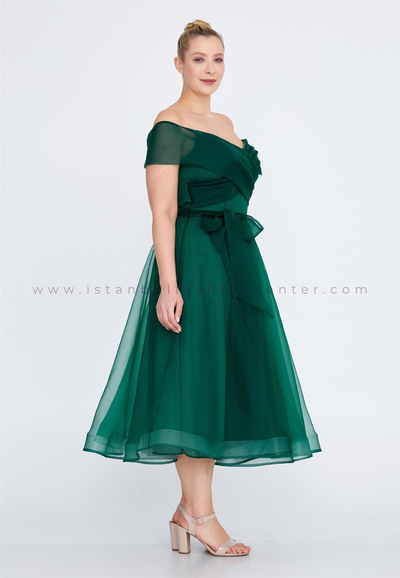 RAMONNA LIFE Off Shoulder Midi Tulle A - Line Plus Size Green Prom Dress  Rmn3079-bzum