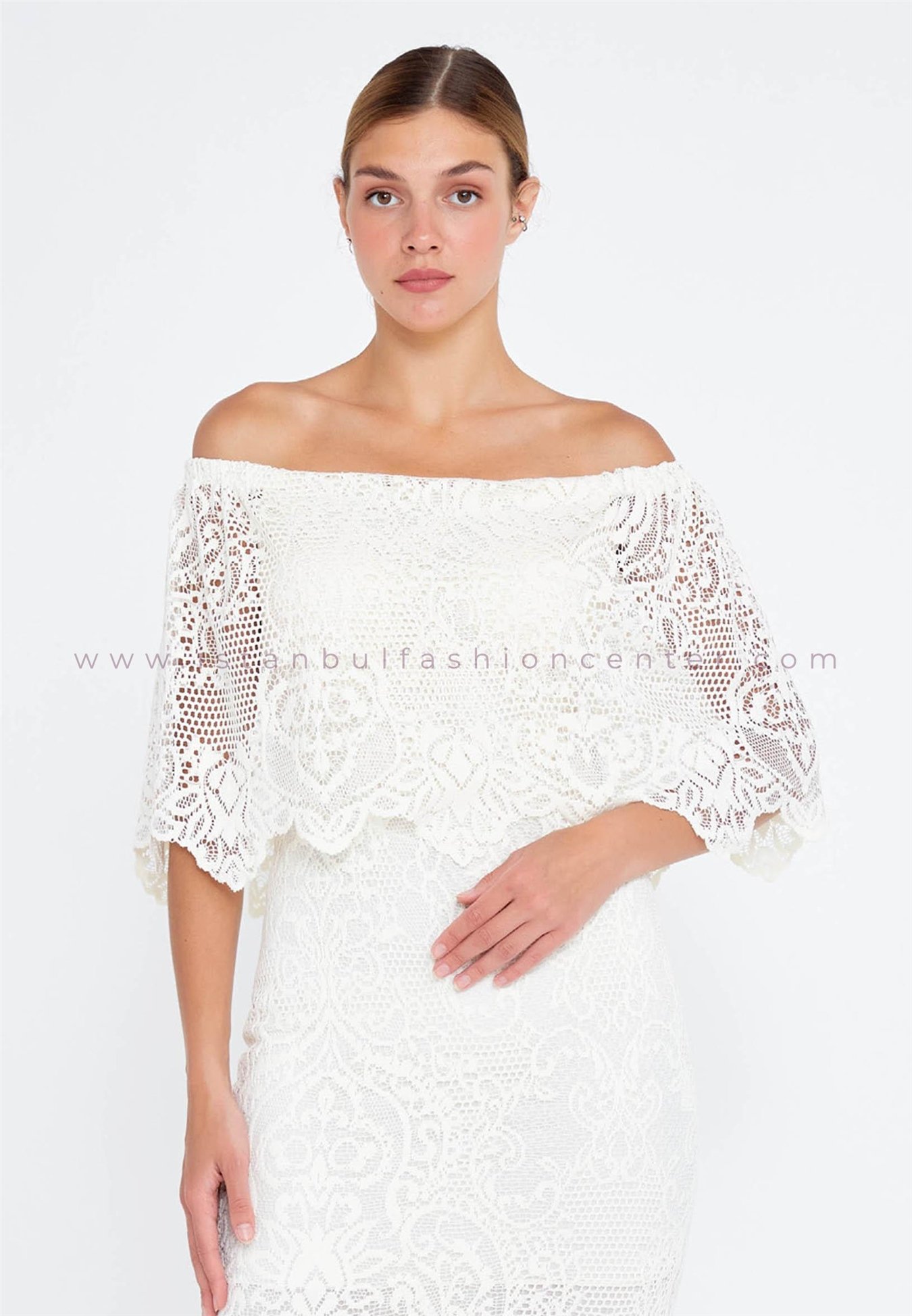 RENGIN Hors de l epaule Midi Dentelle Colonne Reguliers Ecru Robe de Mariage Ren5800ekr