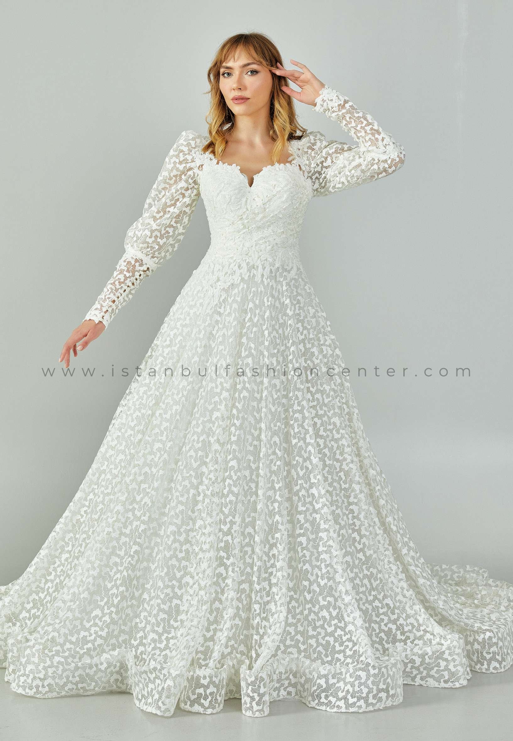 RERAMİ BRIDAL Long Sleeve Maxi Lace Regular Ecru Wedding Dress