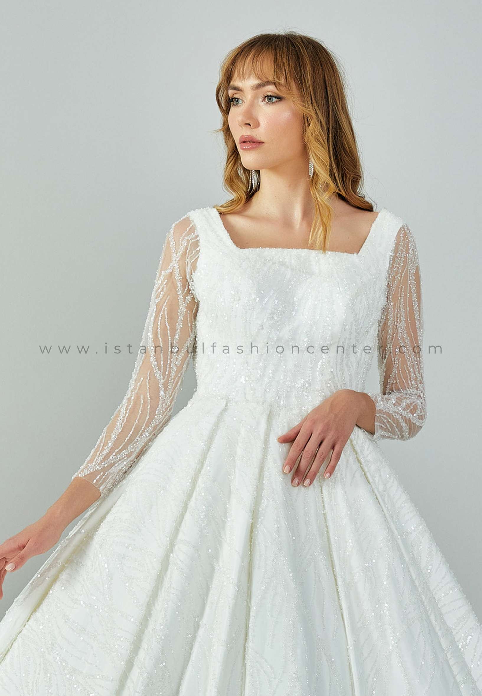 RERAMİ BRIDAL Long Sleeve Maxi Sequin Regular Ecru Wedding Dress Rrbre009kıb