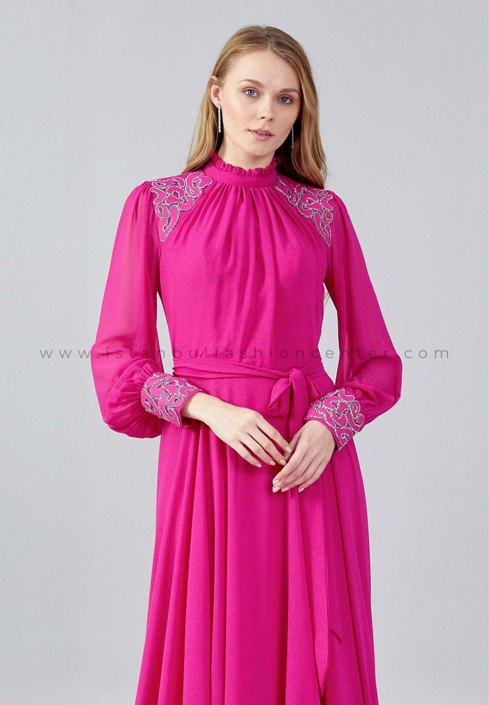 SEE L NE Long Sleeve Maxi Chiffon Column Regular Fuchsia Evening