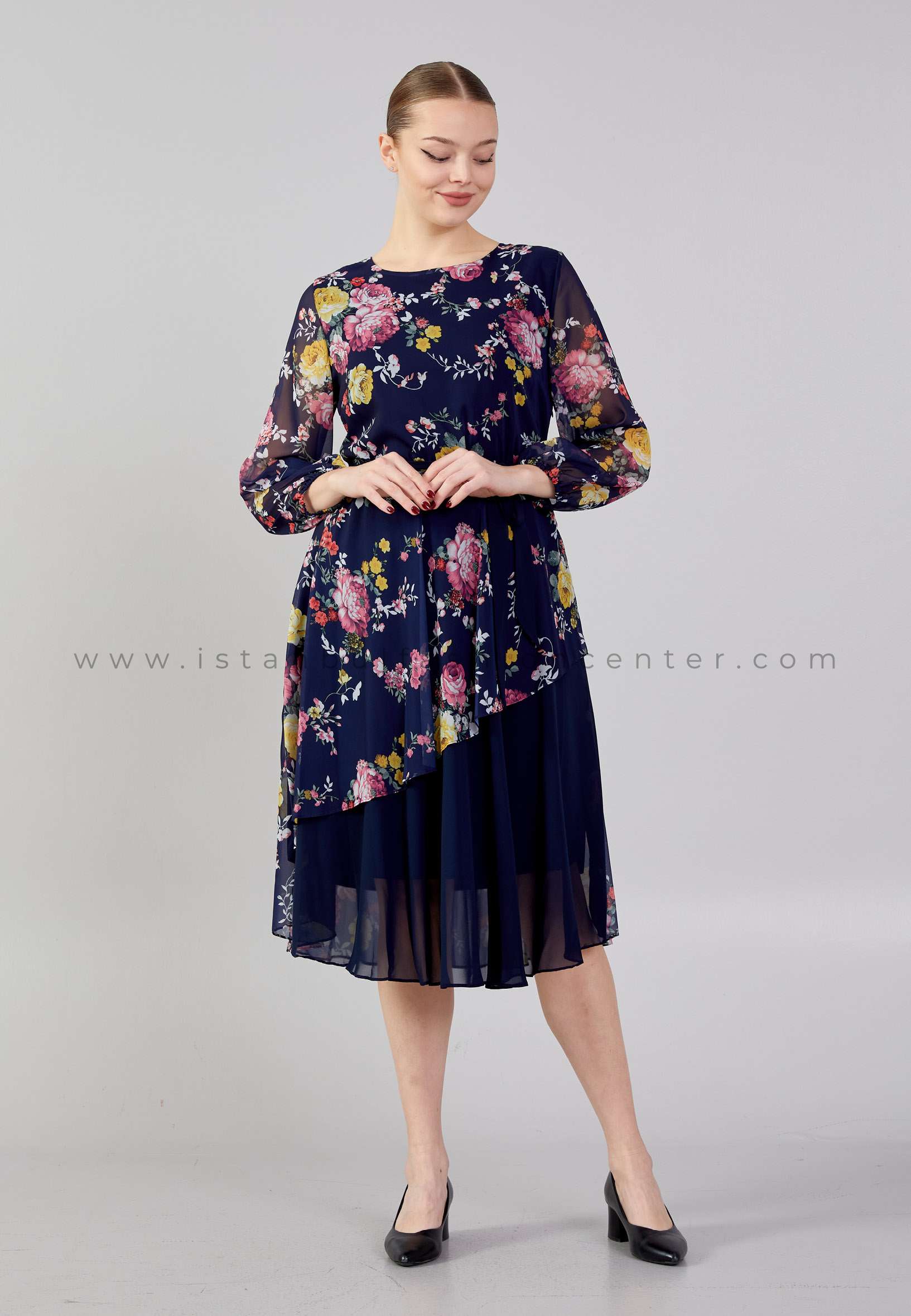 UGOZALD Long Sleeve Midi Chiffon Column Plus Size Navy Multicolor Casual Dress Ugz24k5810lac