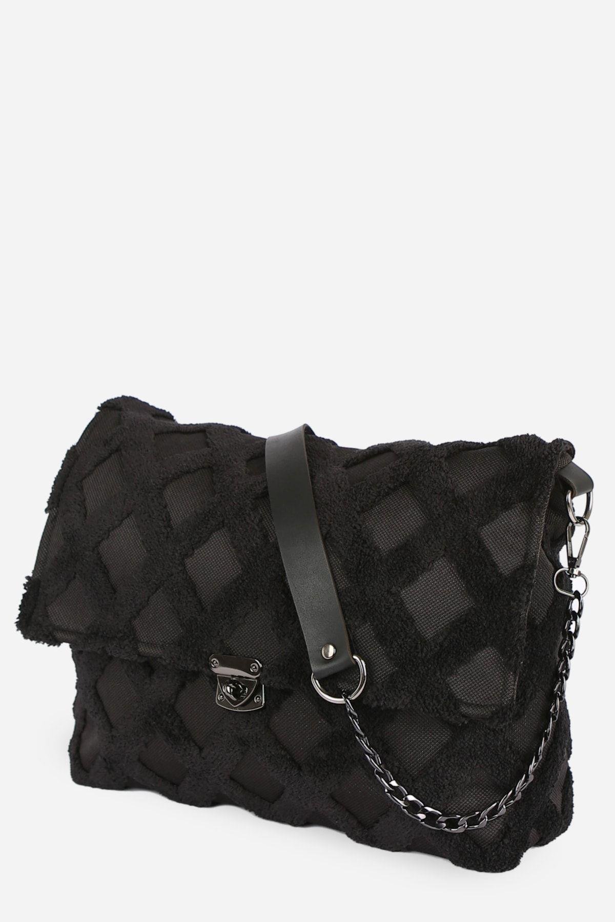 Kadın Kumaş El Ve Omuz Çantası Tweed Siyah Kürklü Peluş Örme Çapraz Askılı Çanta