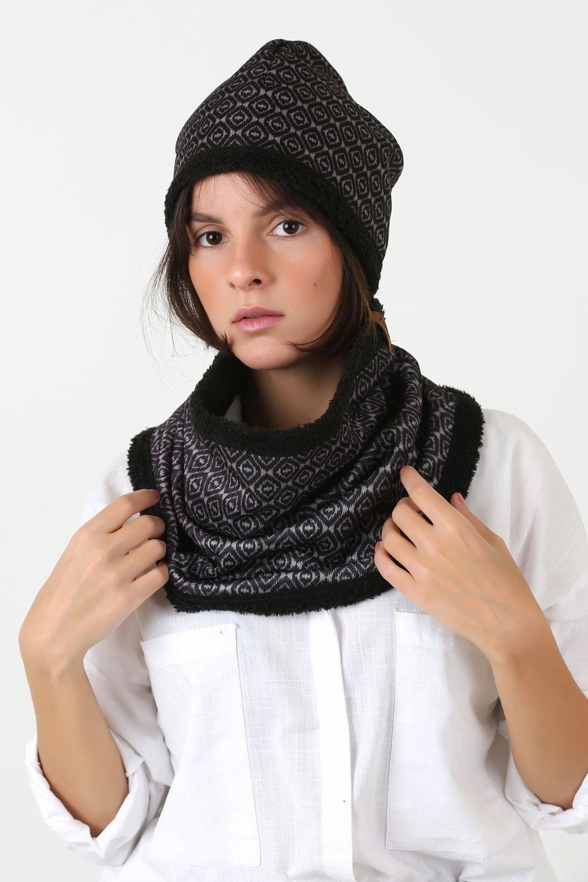 Siyah Kadın Bere Ve Boyunluk 2li Set Takım Unique Peluş Wellsoft Bb-095