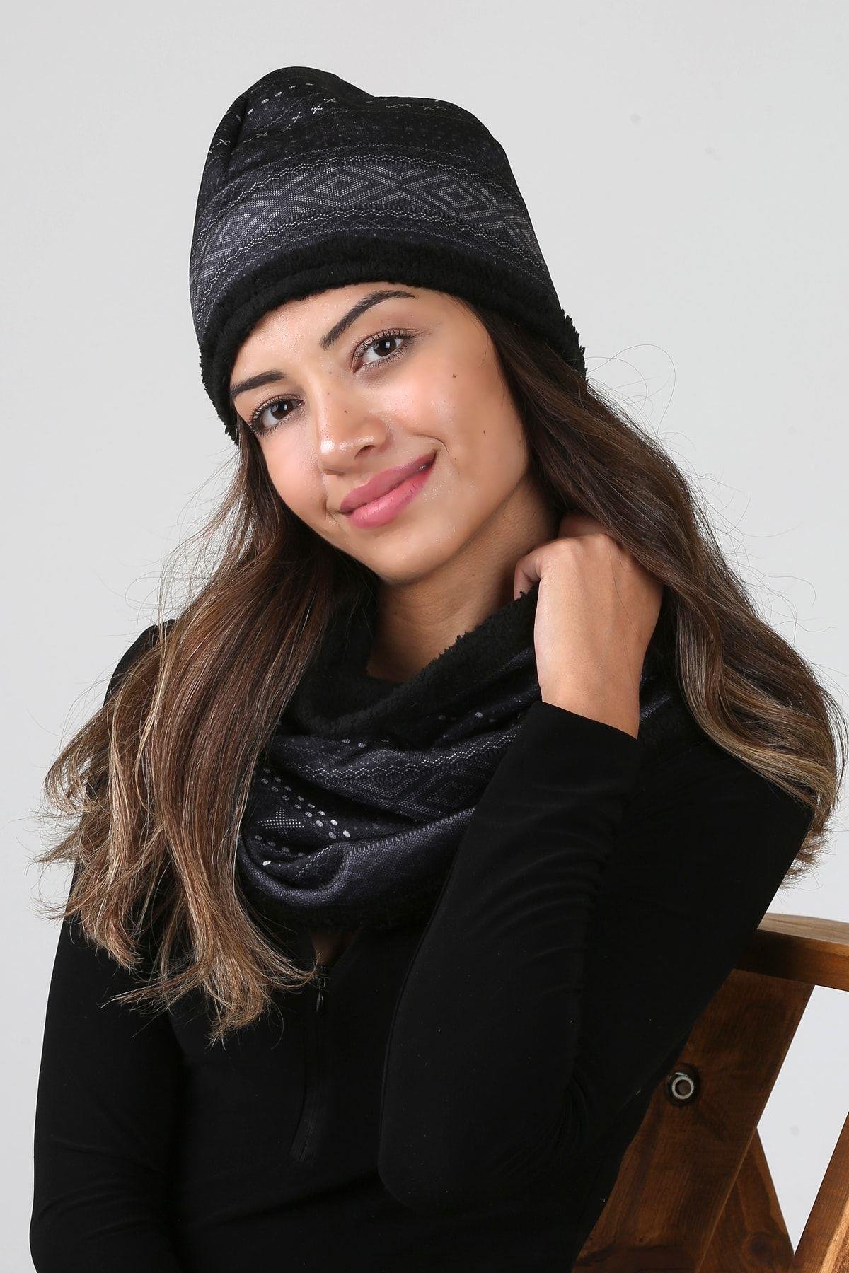Siyah Kadın Bere Ve Boyunluk 2li Set Takım Dote Peluş Wellsoft Bb-091