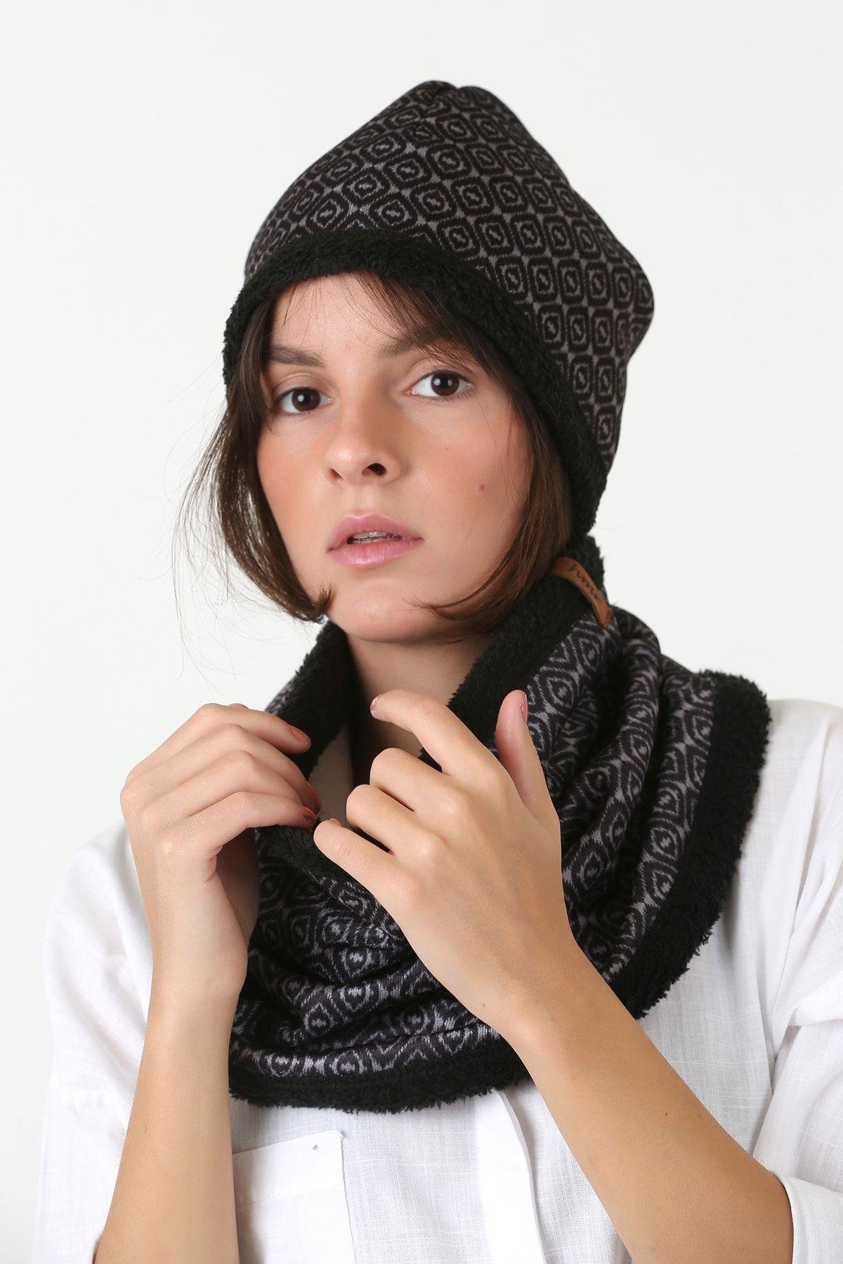 Siyah Kadın Bere Ve Boyunluk 2li Set Takım Unique Peluş Wellsoft Bb-095