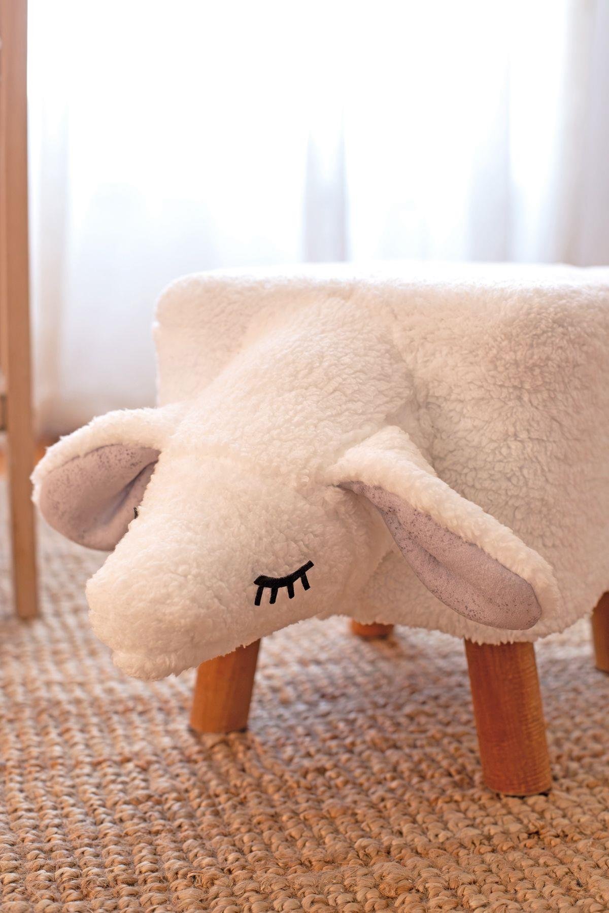 Yıkanabilir Kılıflı Tabure Bebek Çocuk Oyun Koltuğu Sandalye Ahşap Ayaklı Puf Fluffy Zoo Sheep