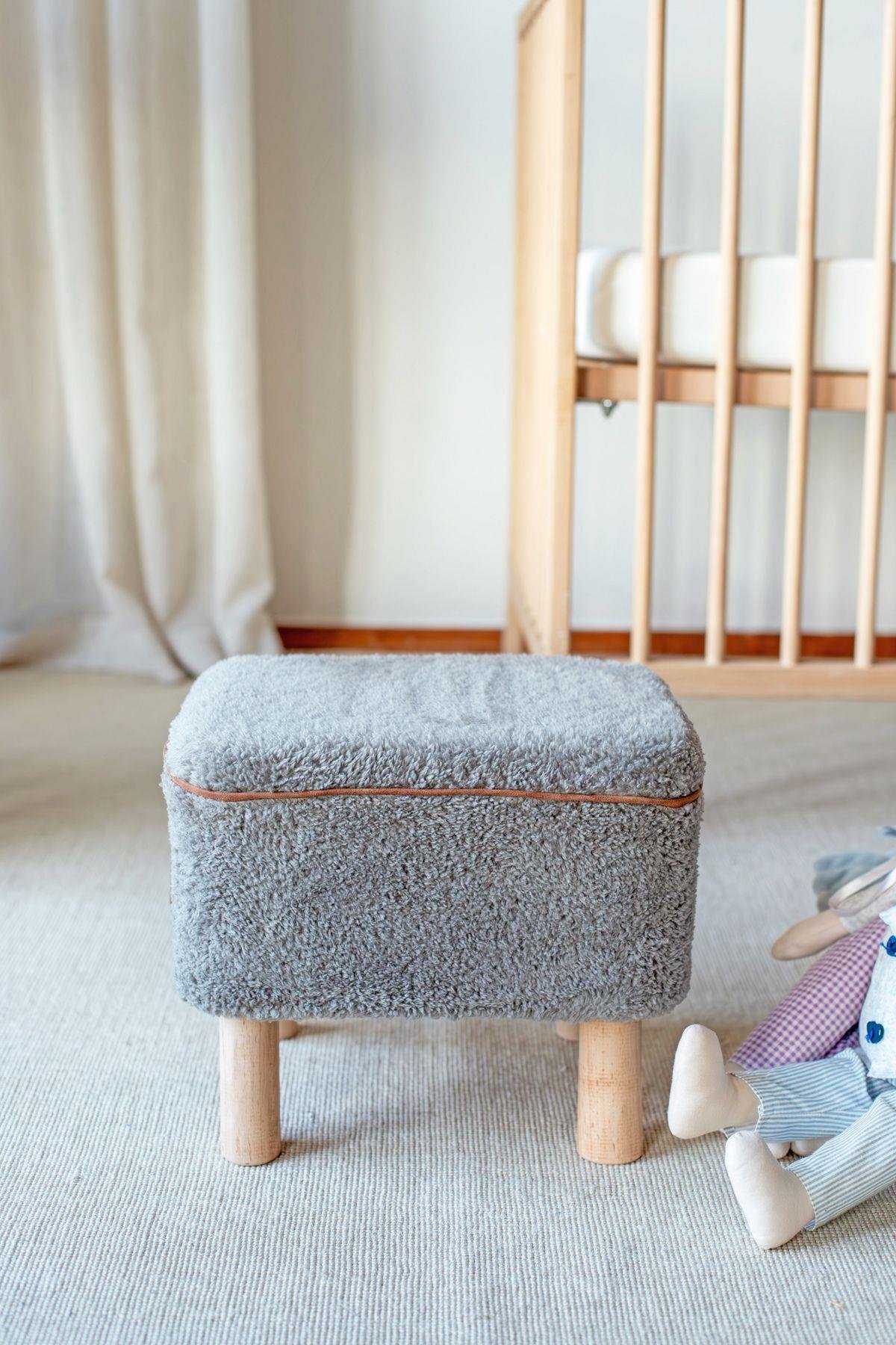 Yıkanabilir Kılıflı Tabure Bebek Çocuk Oyun Koltuğu Sandalye Ahşap Ayaklı Puf Teddy Gri