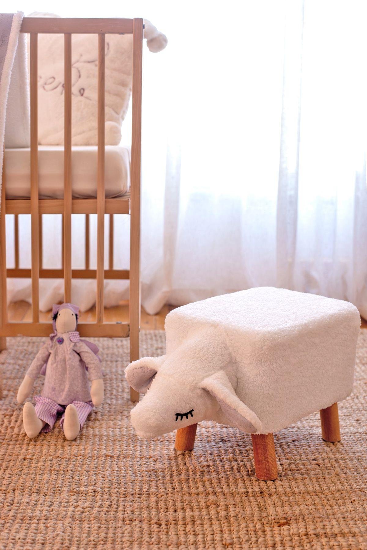 Yıkanabilir Kılıflı Tabure Bebek Çocuk Oyun Koltuğu Sandalye Ahşap Ayaklı Puf Fluffy Zoo Sheep