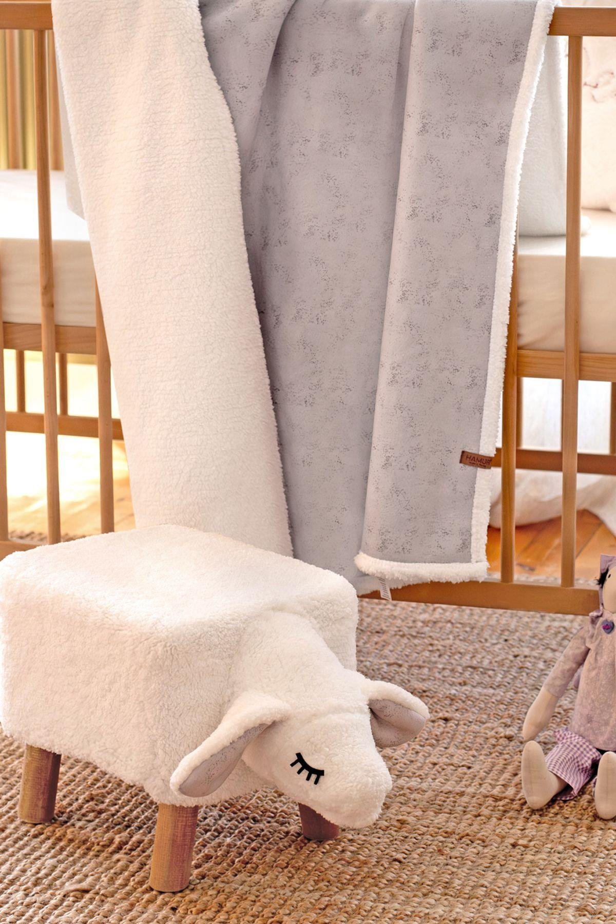 Yıkanabilir Kılıflı Tabure Bebek Çocuk Oyun Koltuğu Sandalye Ahşap Ayaklı Puf Fluffy Zoo Sheep