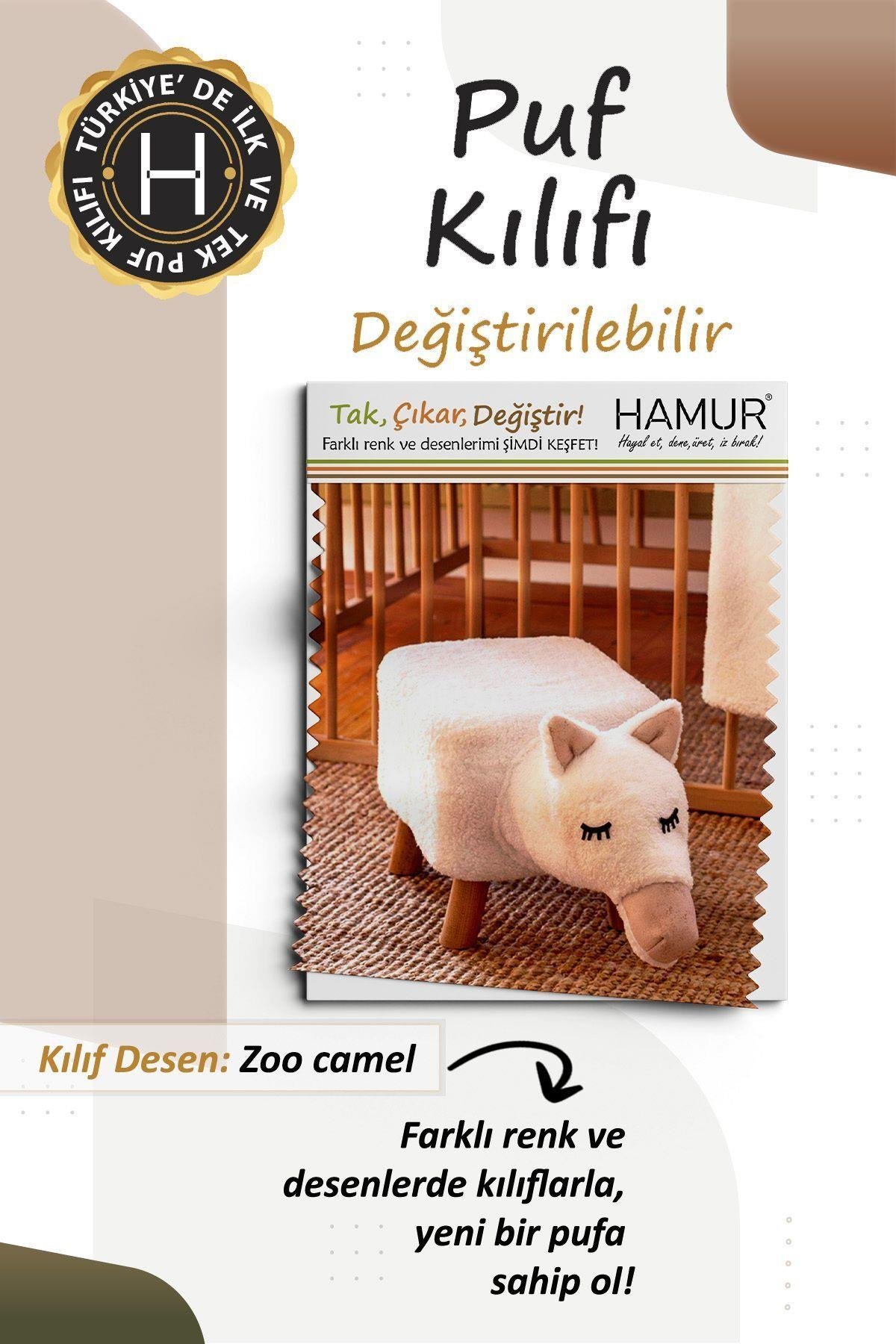 Yıkanabilir Puf Tabure Kılıfı Tak-Çıkar-Değiştir-Yenile Orta Sehpa Kılıfı Bb Fluffy Zoo Camel