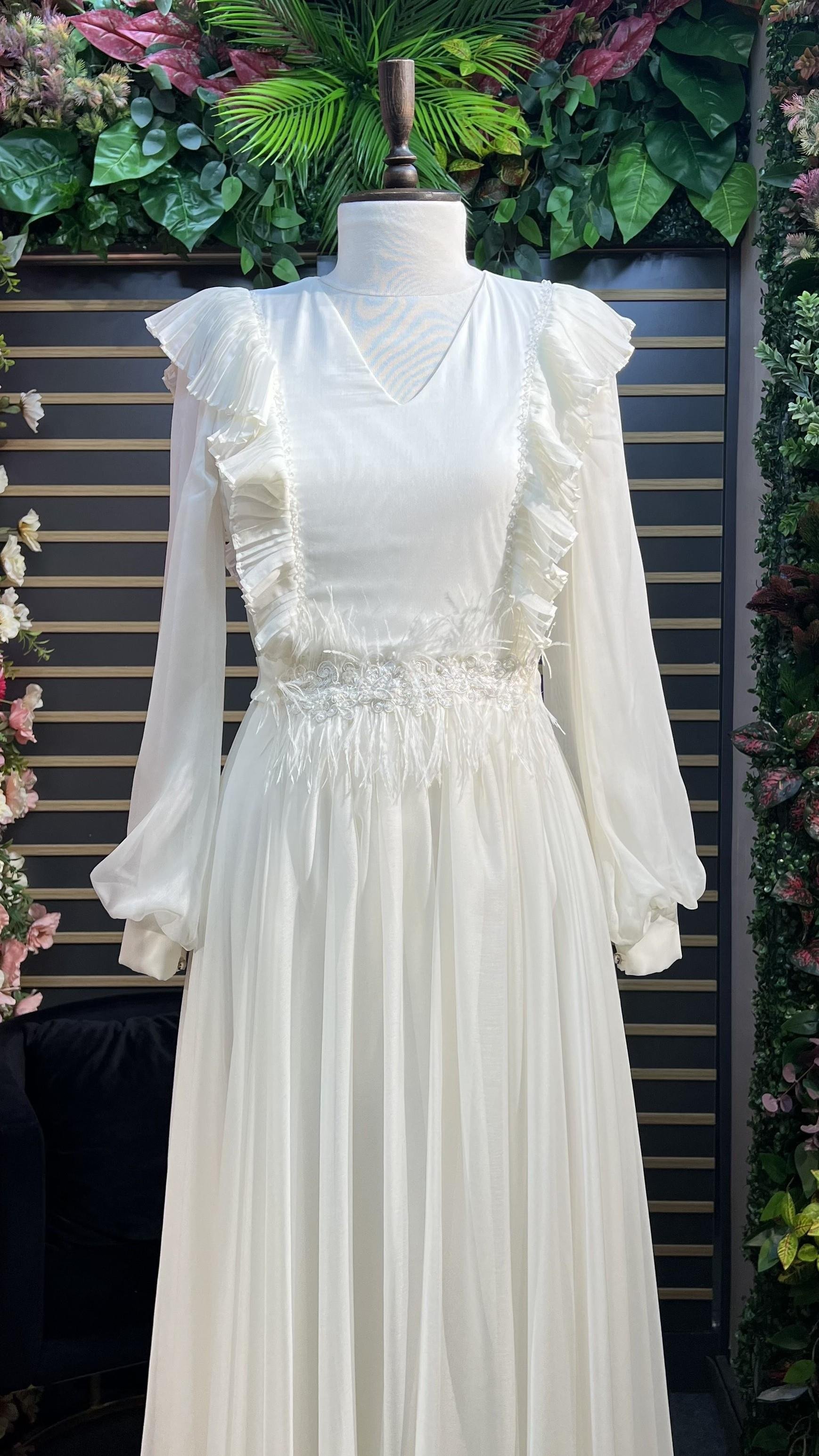 diamond chiffon ruffle dress in white Yvonne Diamante Feathered Pleated Maxi Chiffon Dress-Sunfere, White XL
