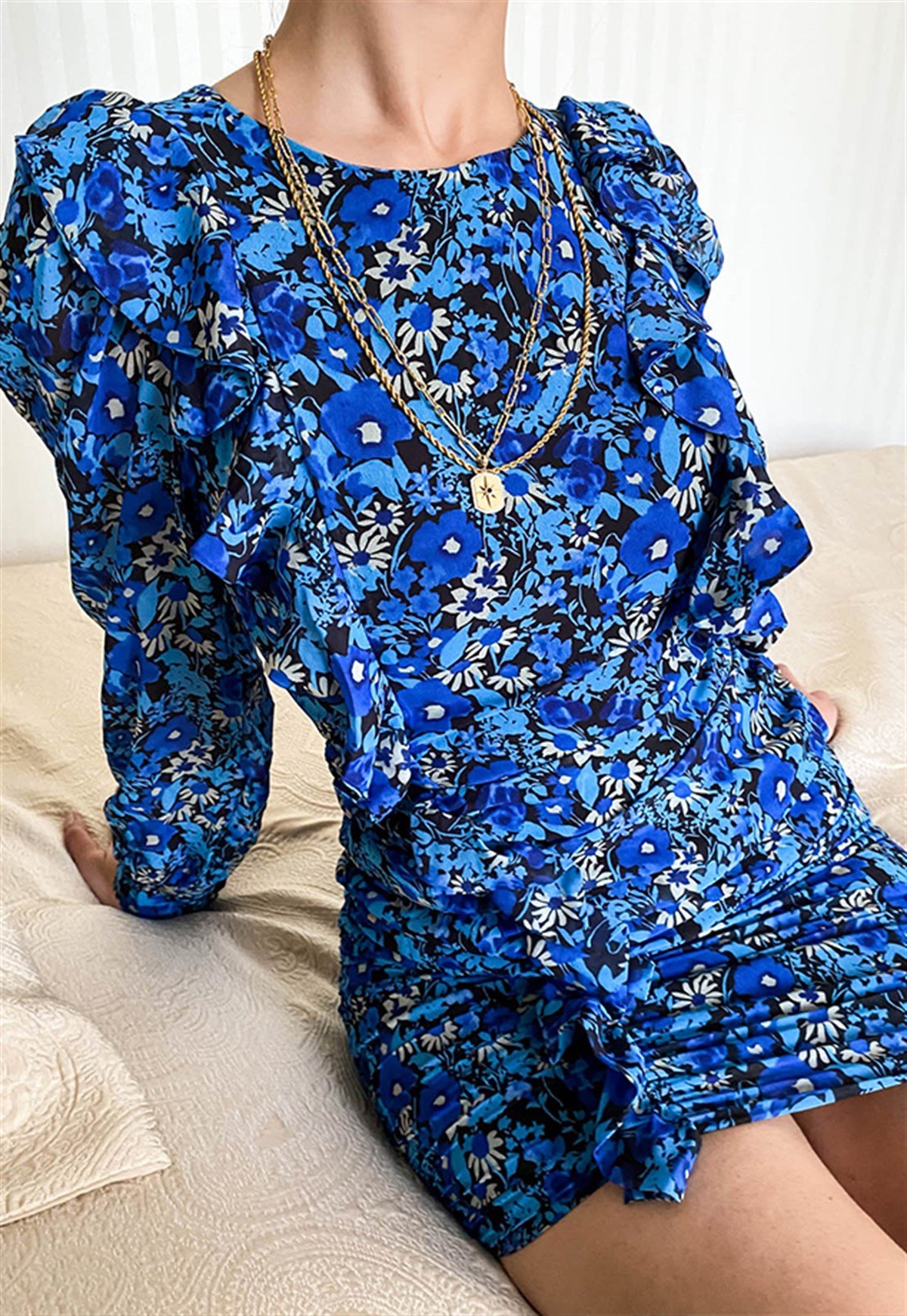 Puffy Sleeve Shirred Mini Dress in Blue Floral Print
