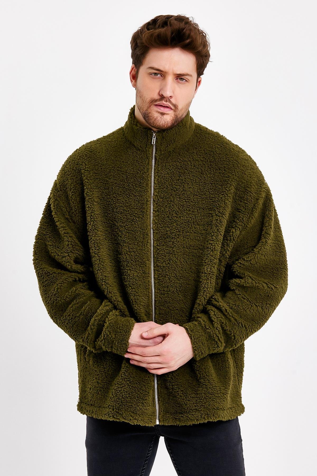 Fermuarlı Oversize Yeşil Peluş Ceket