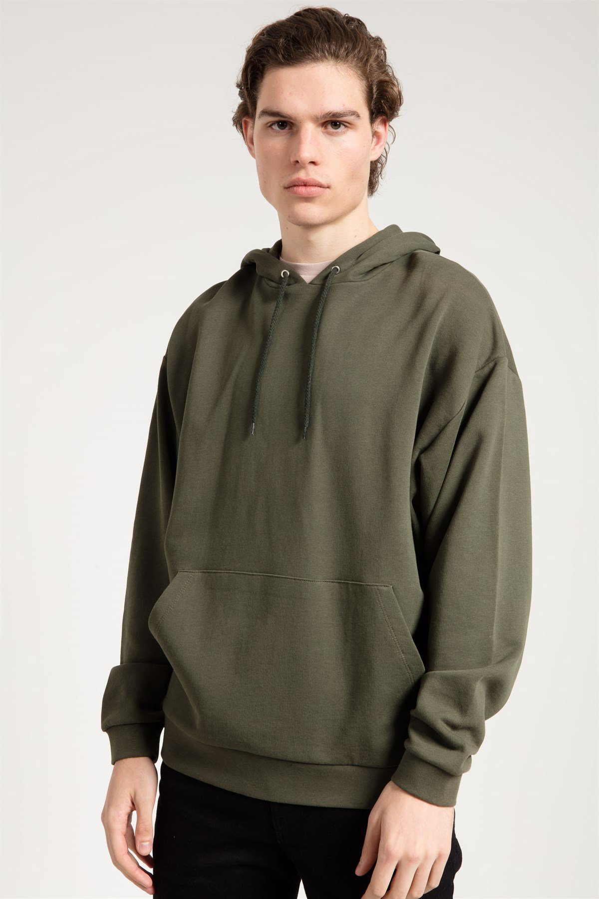 Oversized Hoodie in Khaki with Pouch Pocket