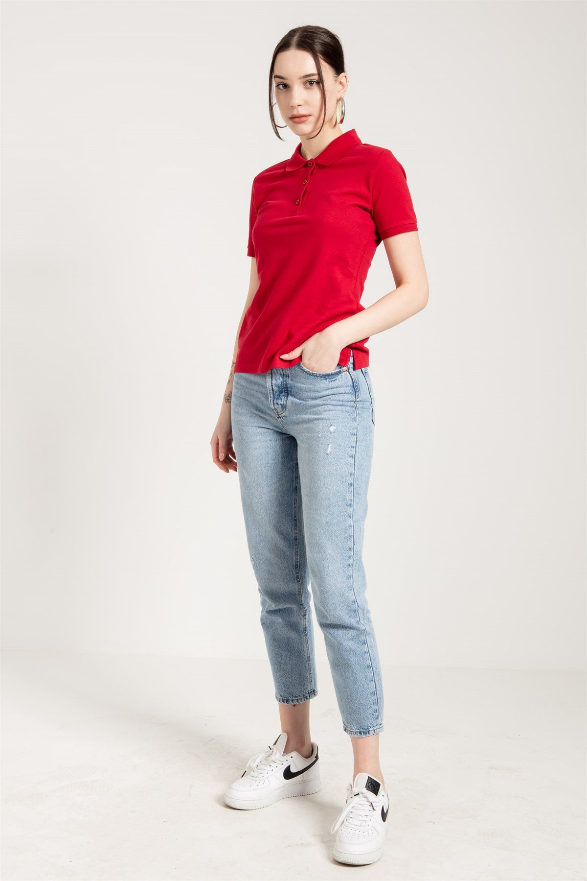 Kırmızı Klasik Kadın Polo Yaka T-shirt