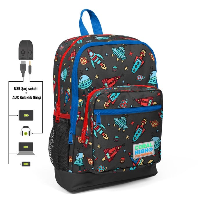 Gri Uzay Desenli Dört Bölmeli USB Bağlantılı Erkek Çocuk Okul Sırt Çantası  Fiyatları Seçenekleri - Kids A More