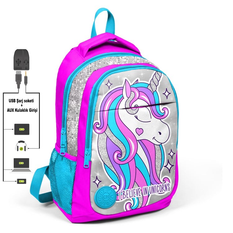 Gümüş Simli Kumaşlı Unicorn Desenli Üç Bölmeli USB Bağlantılı Kız Çocuk Okul  Sırt Çantası Fiyatları Seçenekleri - Kids A More