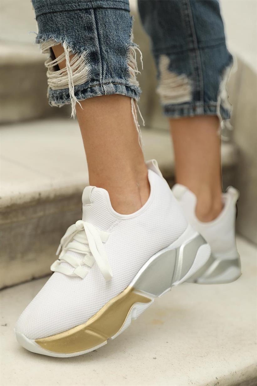 Beyaz-Platin Kadın Bağcık Detaylı Fileli Sneaker Ve Günlük Spor Ayakkabı