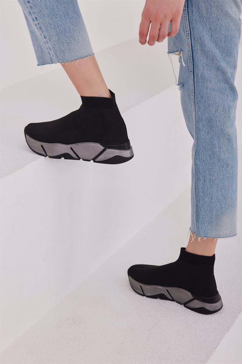 Siyah-Platin Kadın Çorap Model Sneaker Ve Spor Ayakkabı || Madamra.com