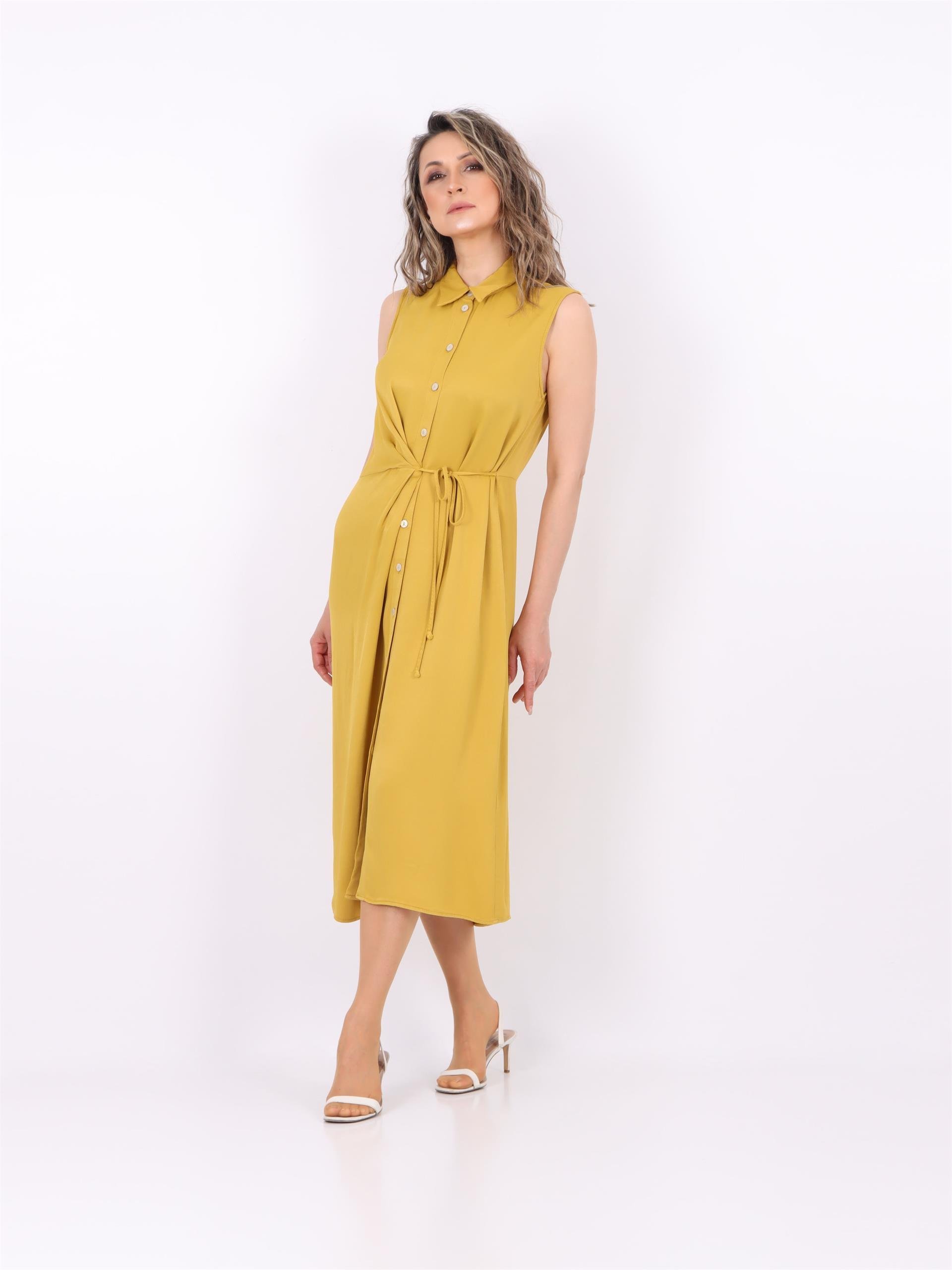 Boydan Düğmeli Elbise (Sarı)