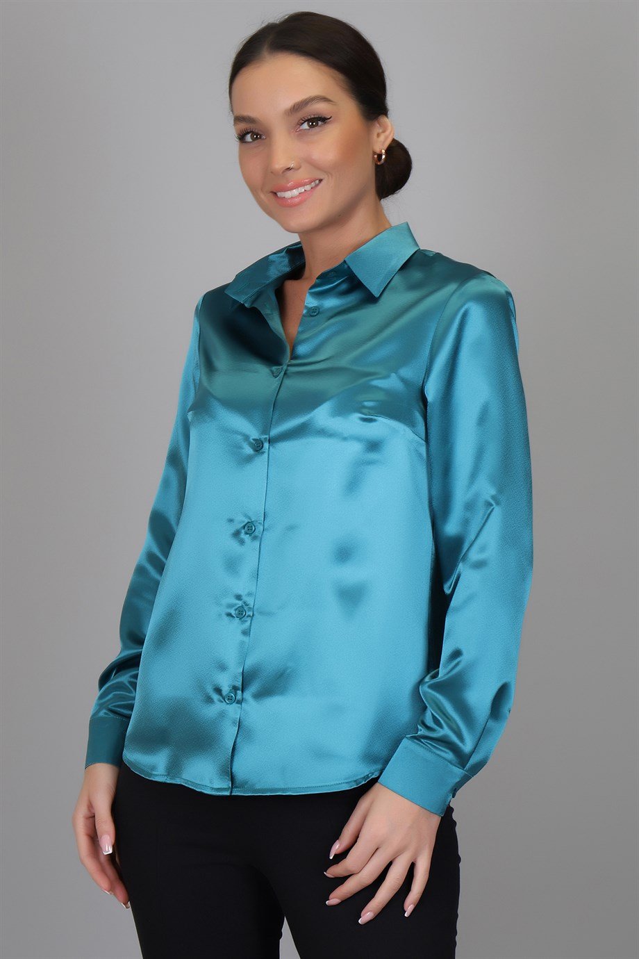 SWEETNESS Kadın Petrol Yeşili Saten Uzun Kol Abiye Gömlek