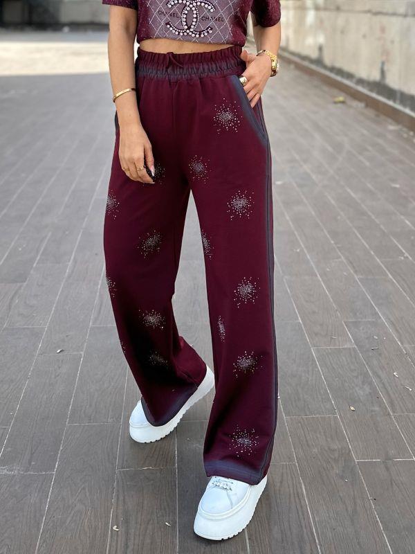 7217 Yuvarlak Taşlı Pantolon Bordo