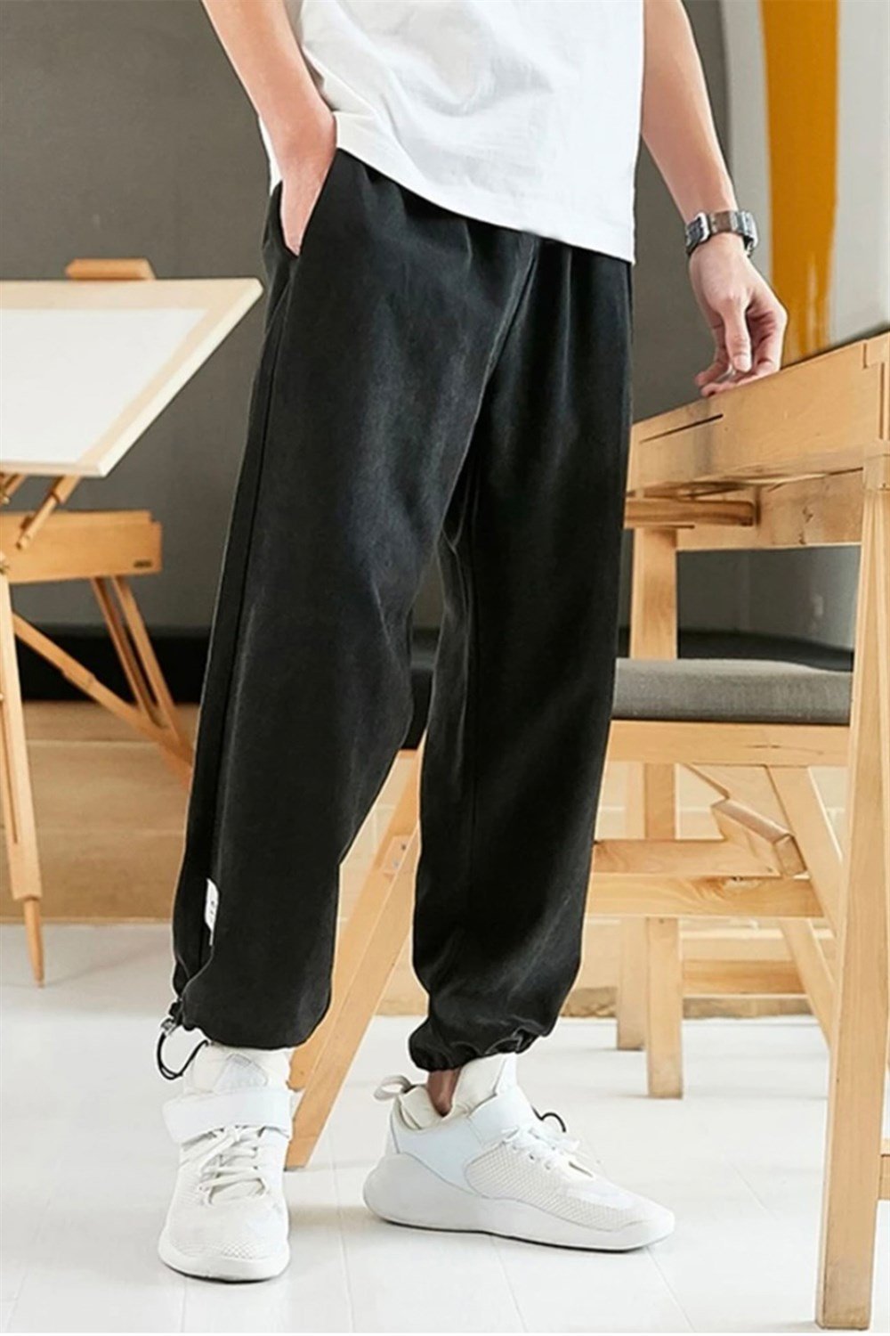 North London Erkek Siyah Ayarlanabilir Paça Oversize Kalıp Eşofman