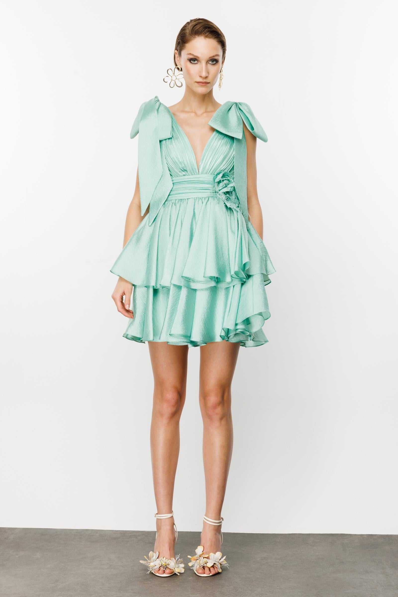 Aqua Green Shoulder Ribbon Detailed Mini Dress