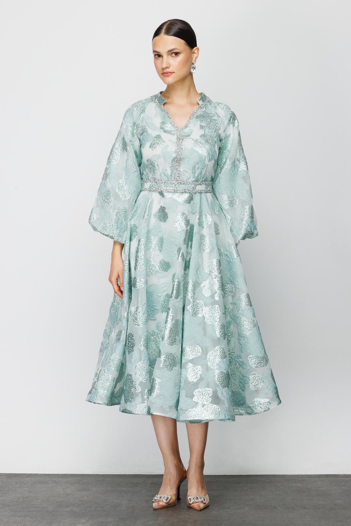 Nefeli Women's Balloon Sleeve Green Dress with Foil Detail