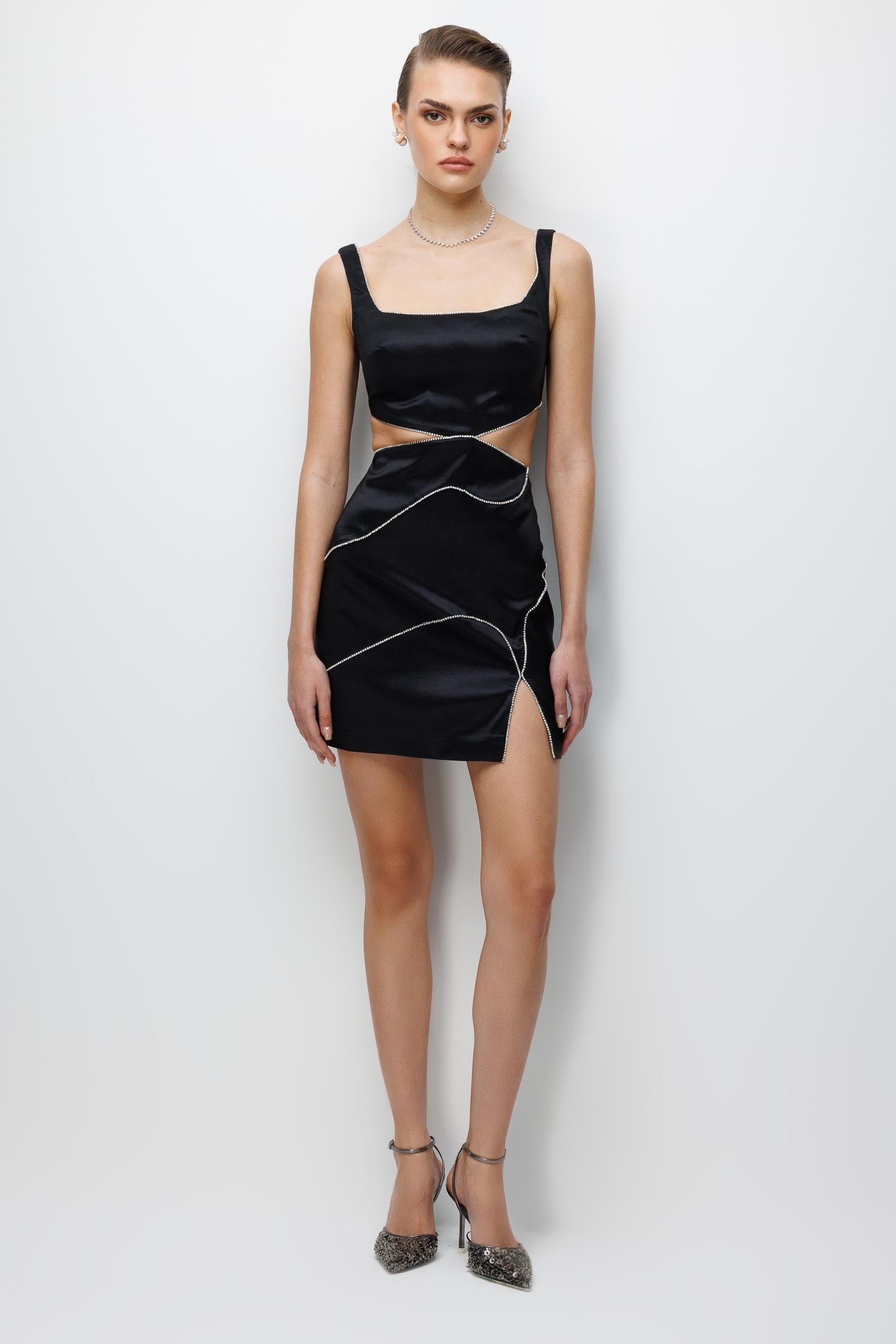 Waist-Decline Detail Mini Slit Dress BLACK