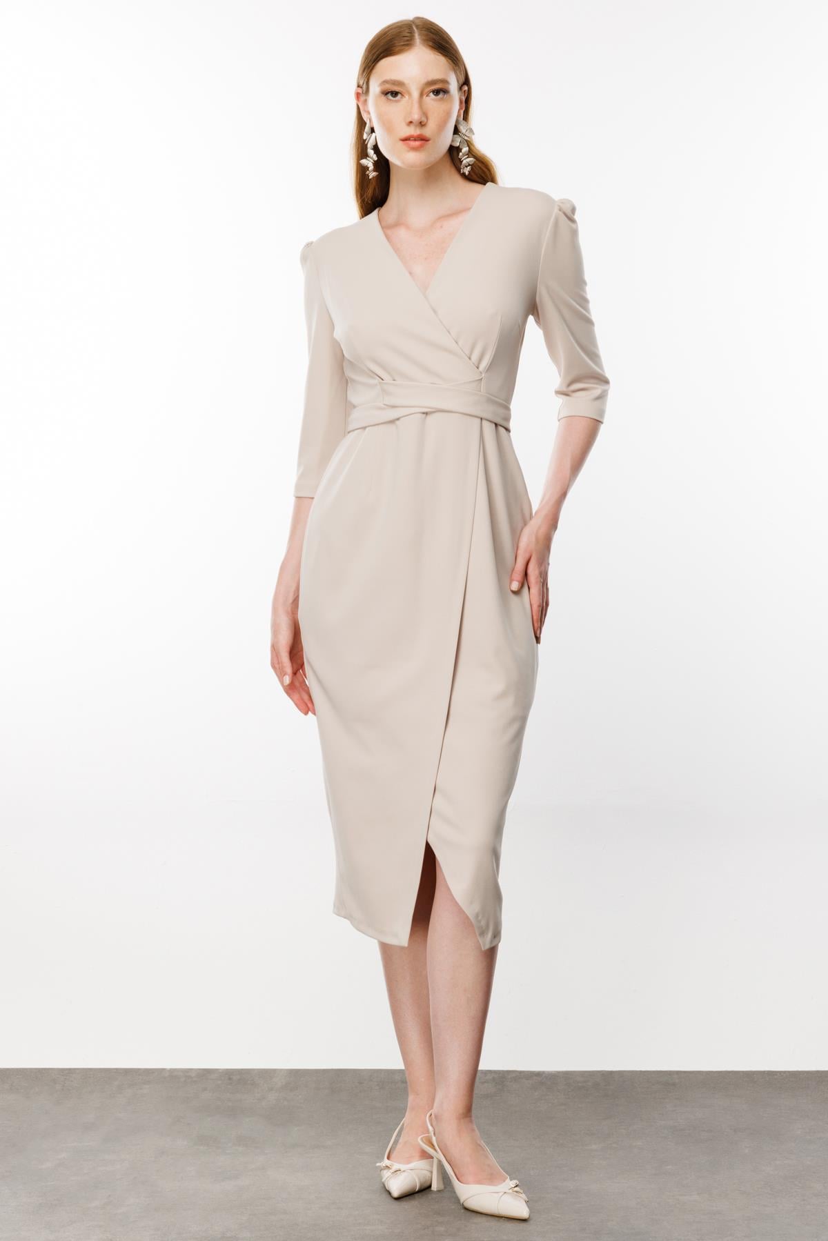 beige ivory dress Muriwai Wrap Dress Beige Pinstripe – Augustine