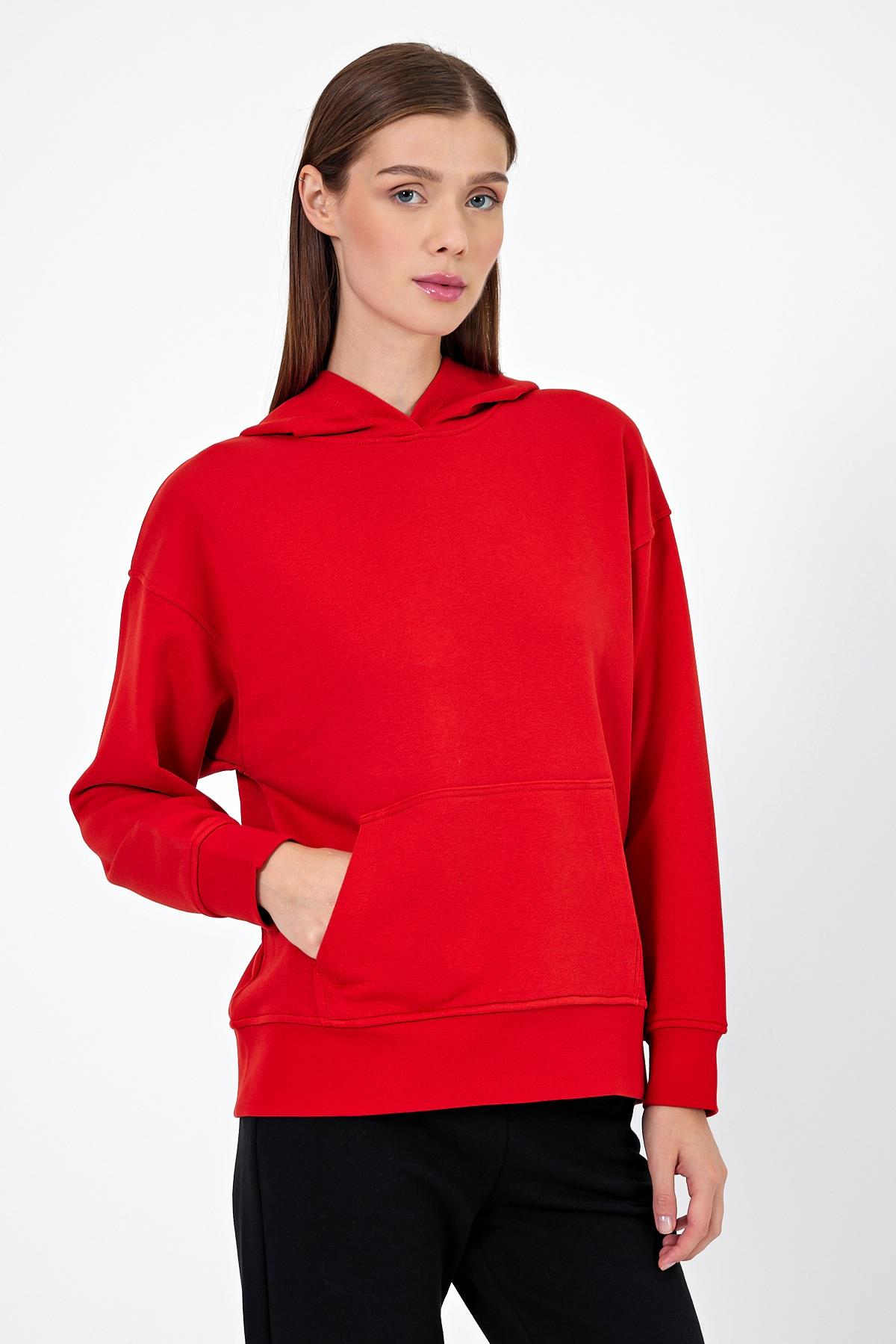 Kad n Kapu onlu K rm z Melanj Basic Hoodie Sweatshirt