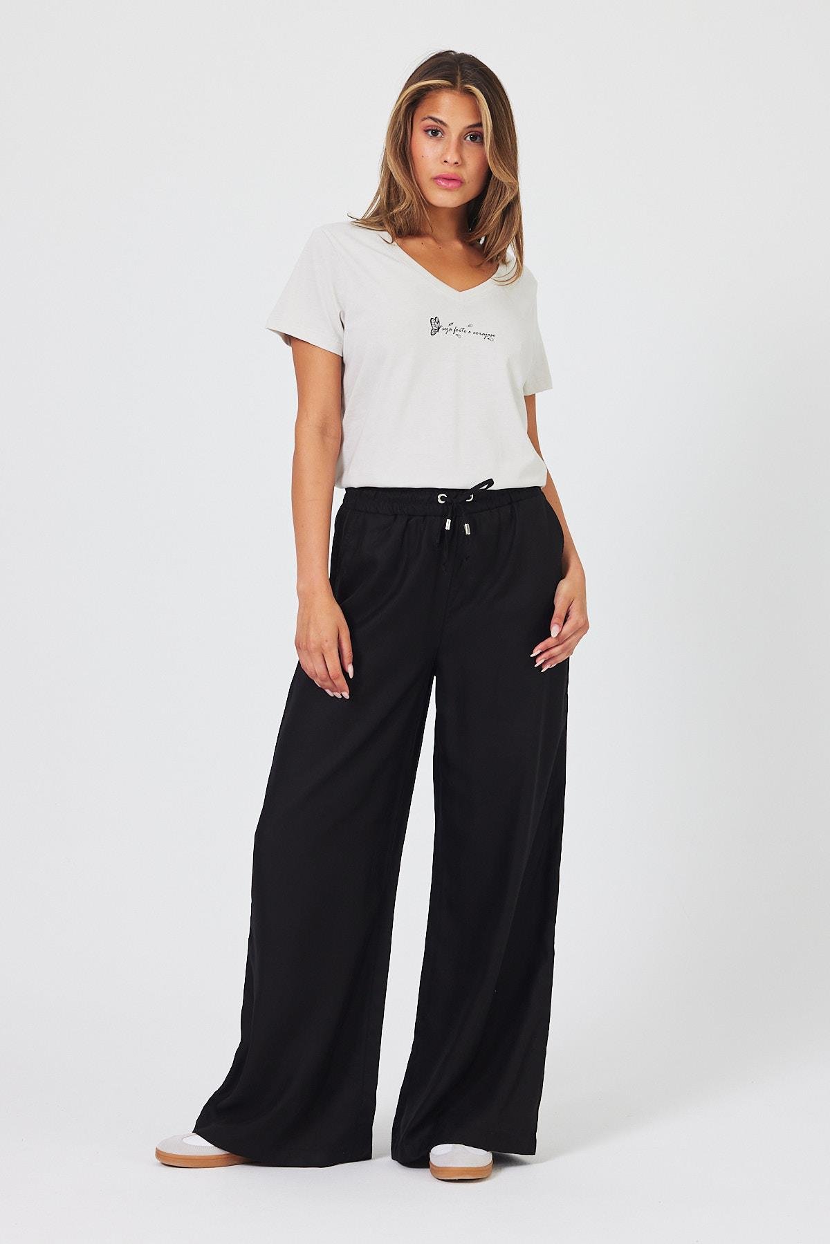 Kad n Sally Siyah Yuksek Bel Wide Leg Lyocell Pantolon TENCEL