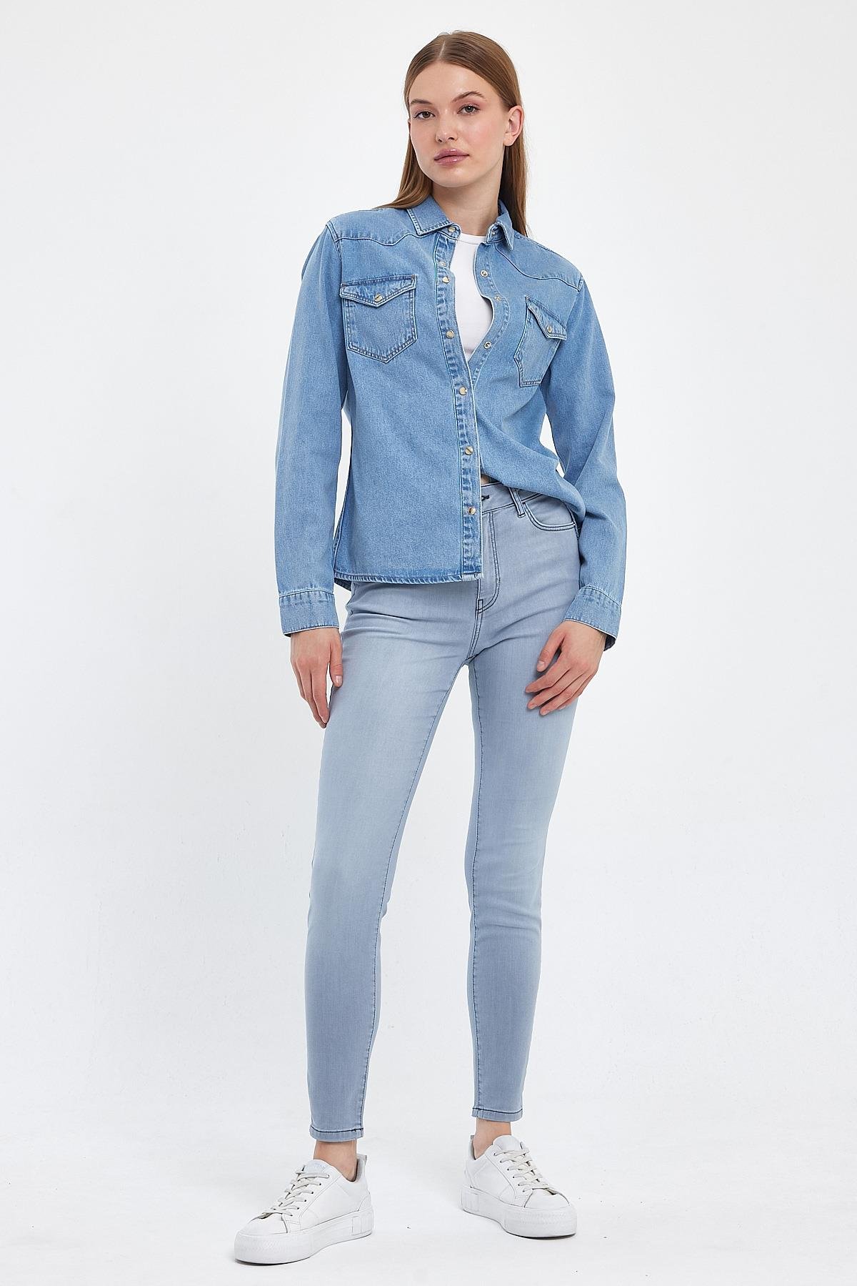Kadın Sydney Med Blue Slim Fit Jean Gömlek - Vena Jeans