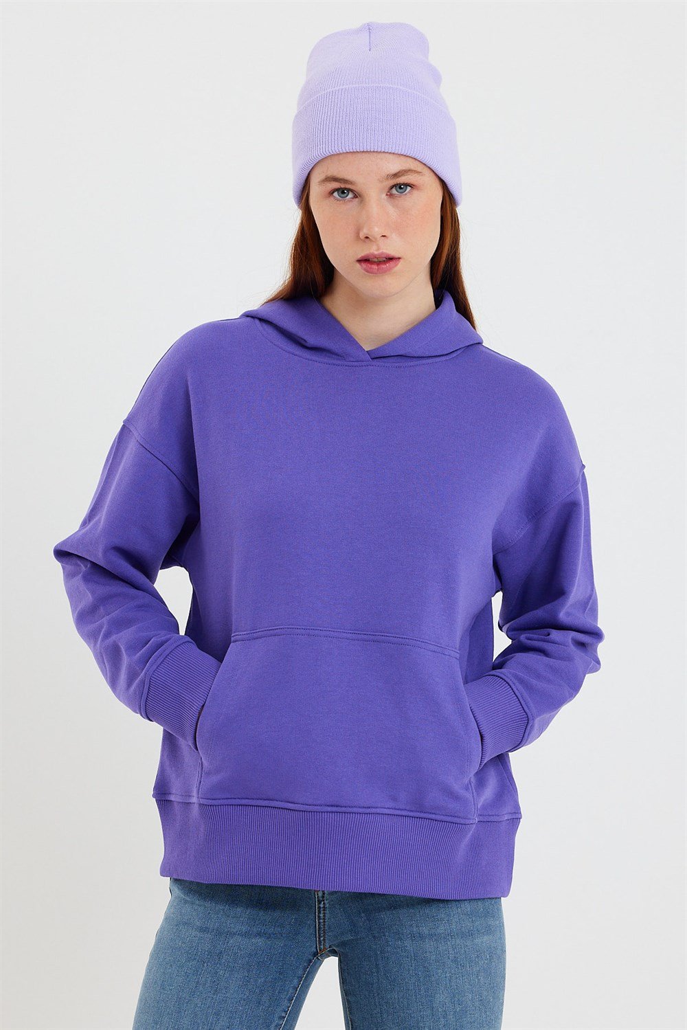 Mor Kapüşonlu Basic Sweatshirt - VENA