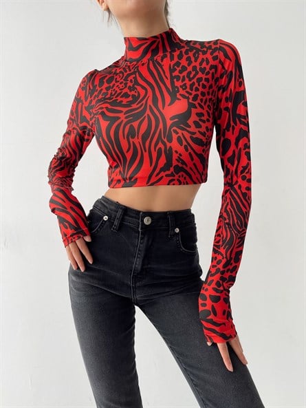 Desenli Dik Yaka Bluz Kırmızı Siyah | Mydukkan