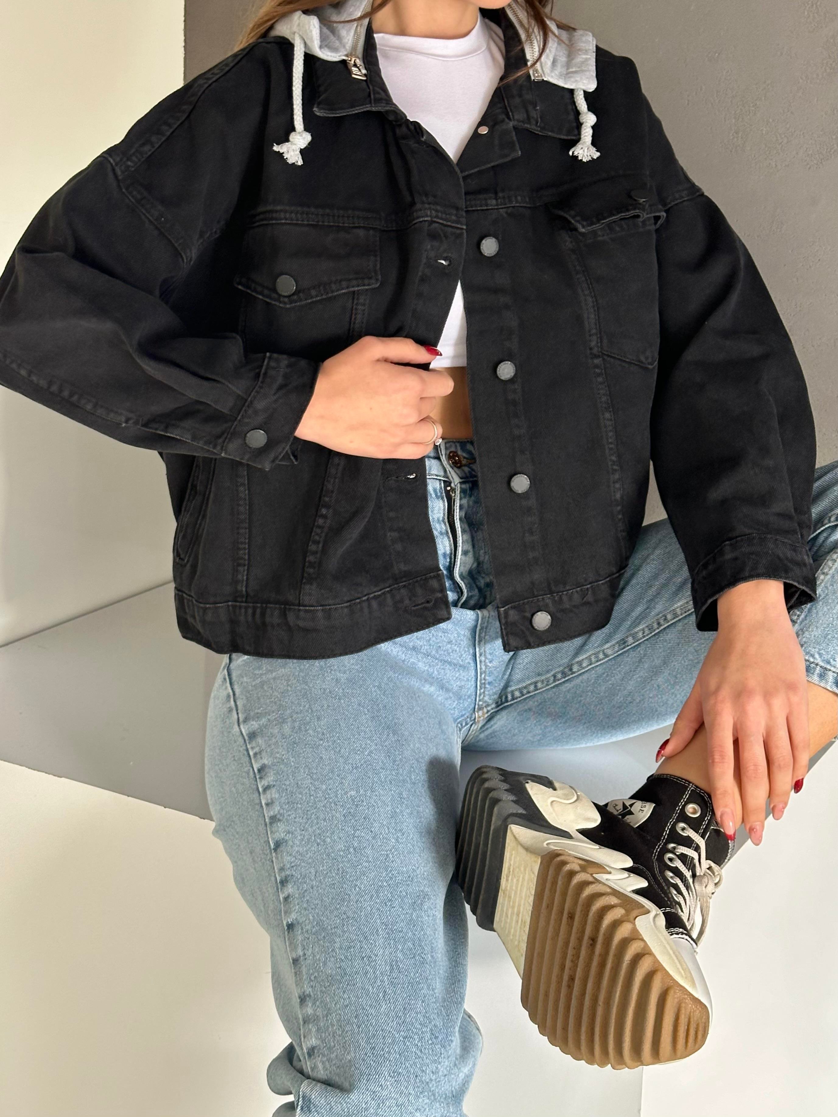 Hooded bomber jeans jacket black