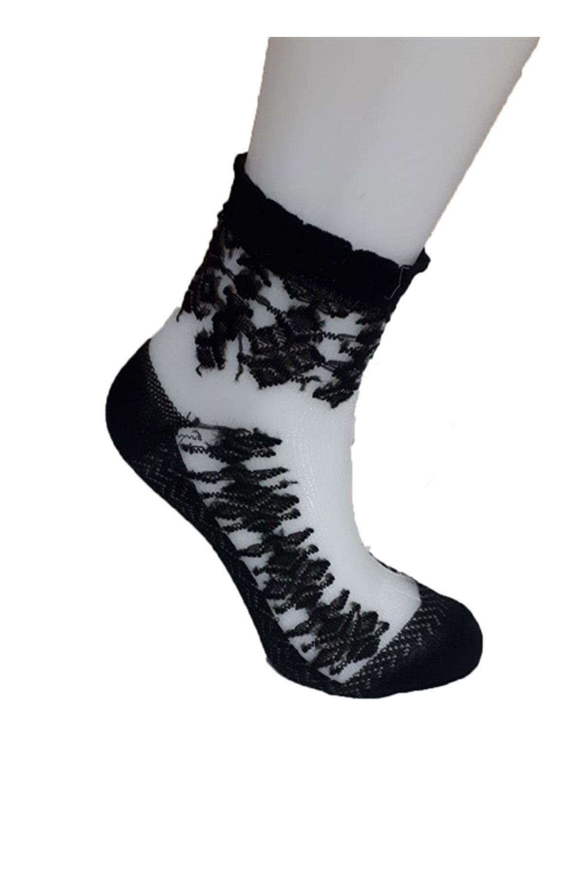 3lü Kadın Tül Dantel Görünümlü Bayan Soket Çorap Pamuklu - Hepsine Rakip