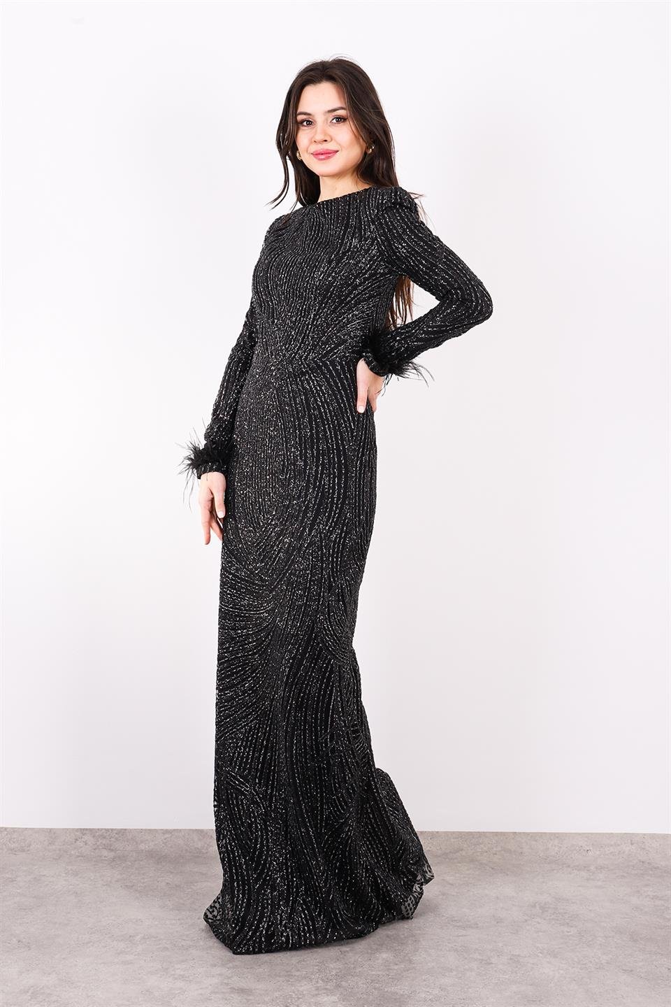 Kadın Tüy Ve Taş Detay Balık Abiye Elbise Fashion Nıght 4800